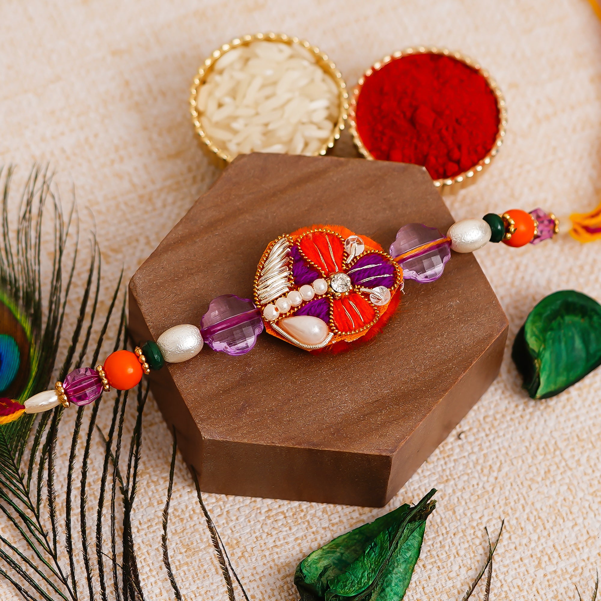 Multicolor Designer Rakhi and Roli Chawal Pack 1