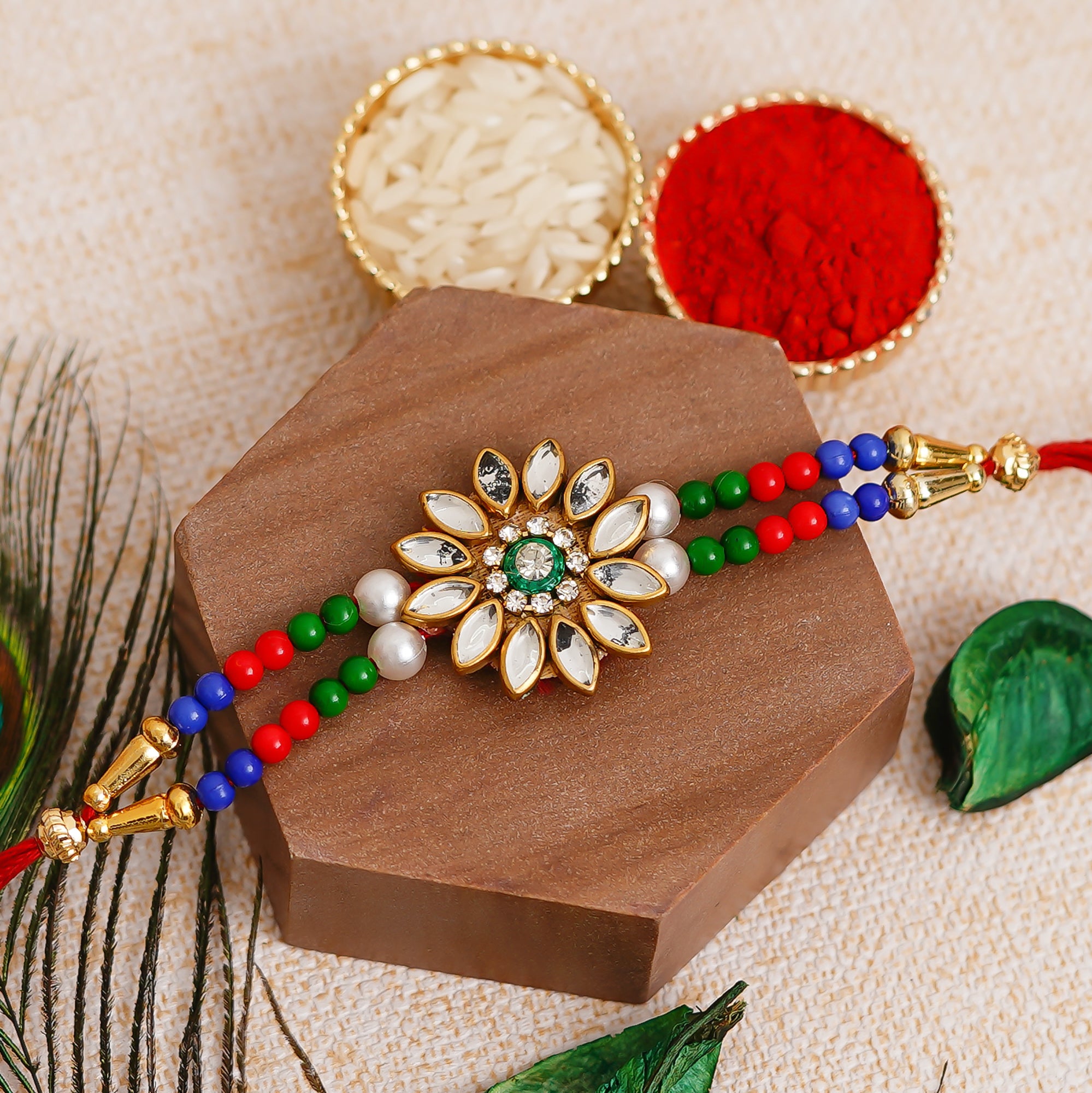 Multicolor Designer Rakhi and Roli Chawal Pack