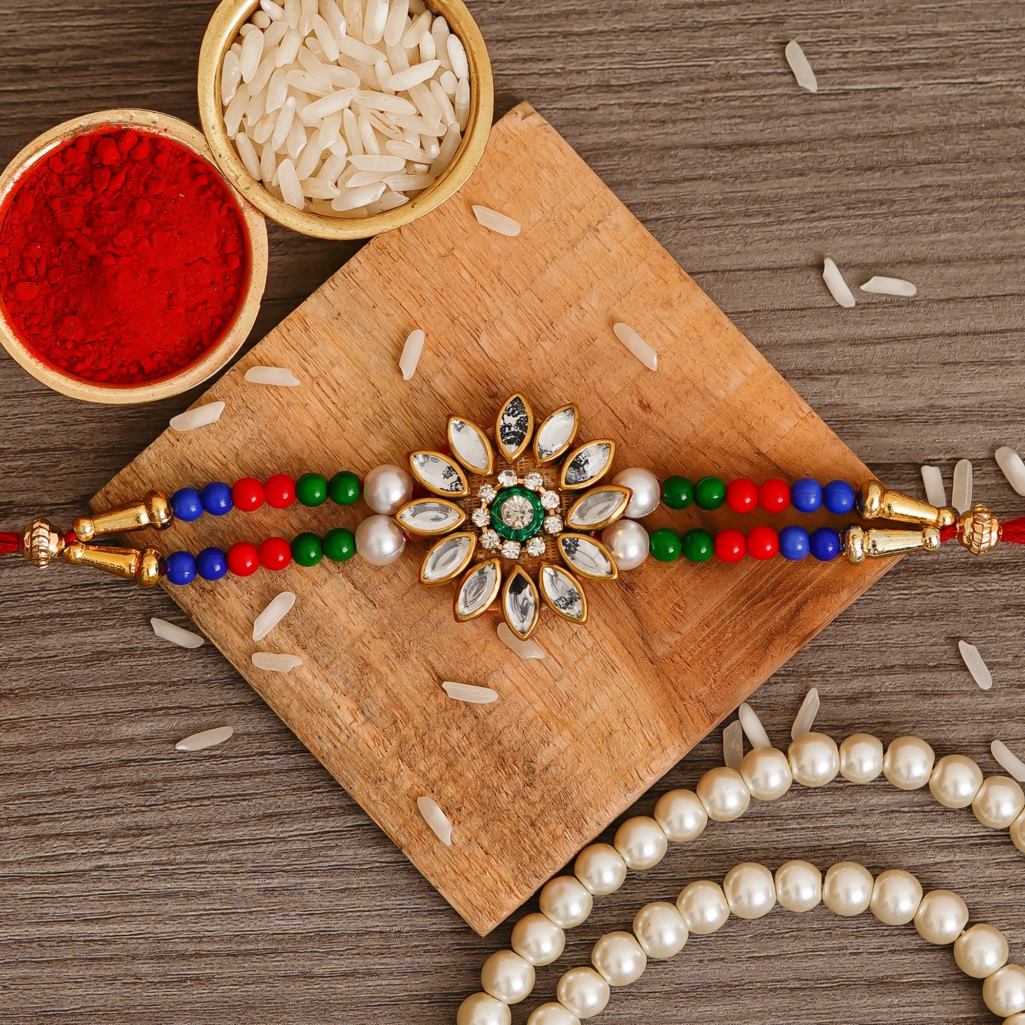 Multicolor Designer Rakhi and Roli Chawal Pack 1