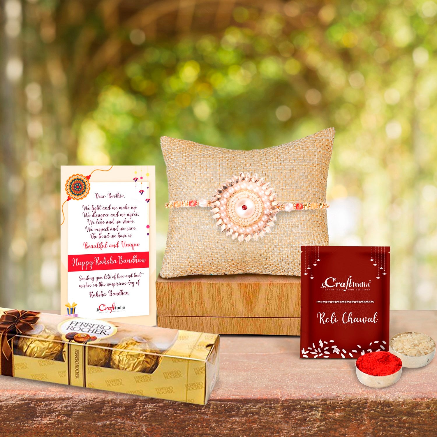 Designer Rakhi with Ferrero Rocher (4 pcs) and Roli Chawal Pack, Best Wishes Greeting Card
