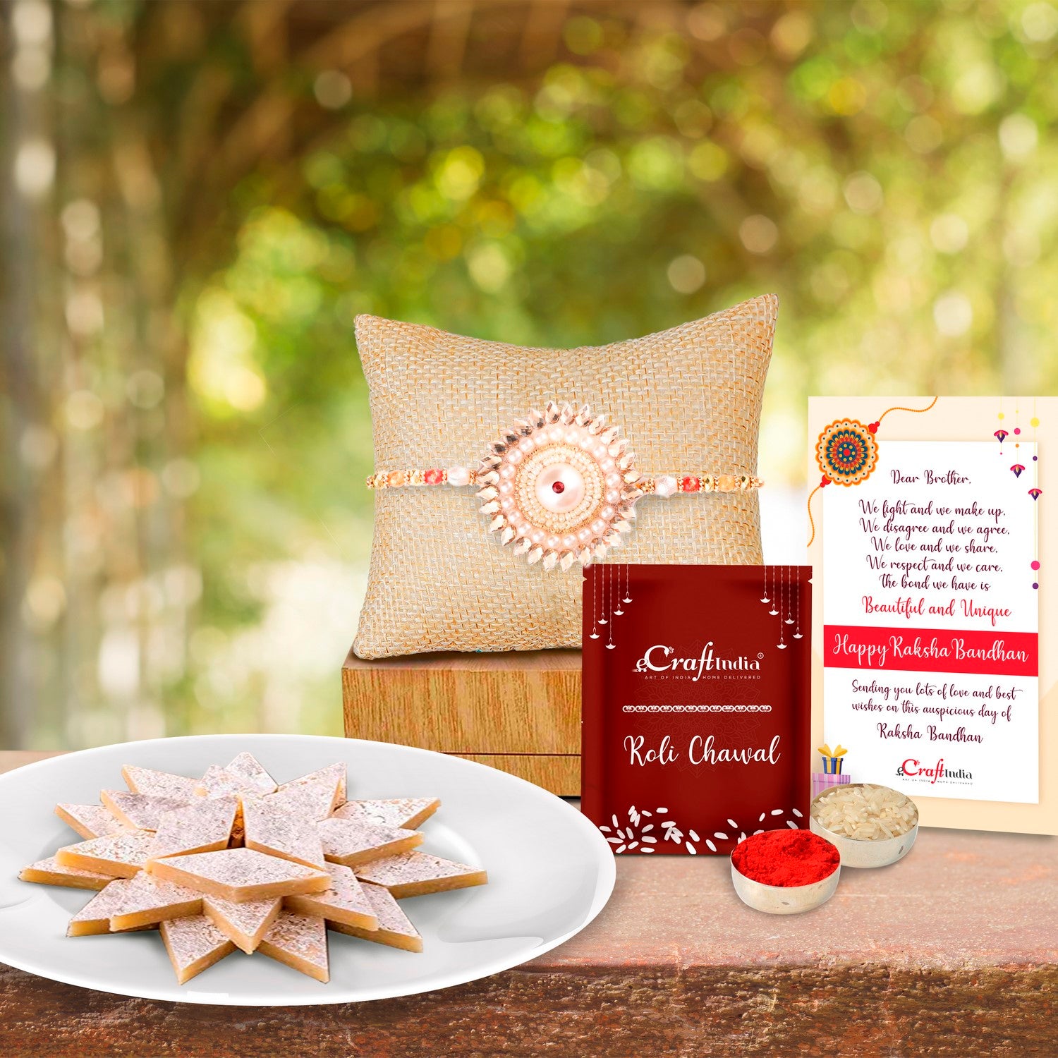 Designer Rakhi with Kaju Katli (500 Gm) and Roli Chawal Pack, Best Wishes Greeting Card