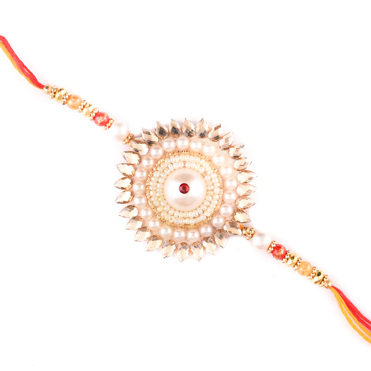 Designer Rakhi with Ferrero Rocher (4 pcs) and Roli Chawal Pack, Best Wishes Greeting Card 1