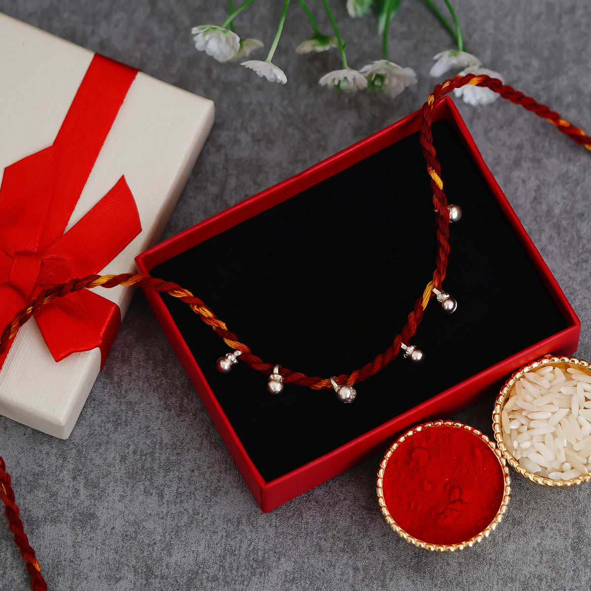 Premium Ghungroo 925 Silver Rakhi on Moli Thread and Roli Chawal Pack ...