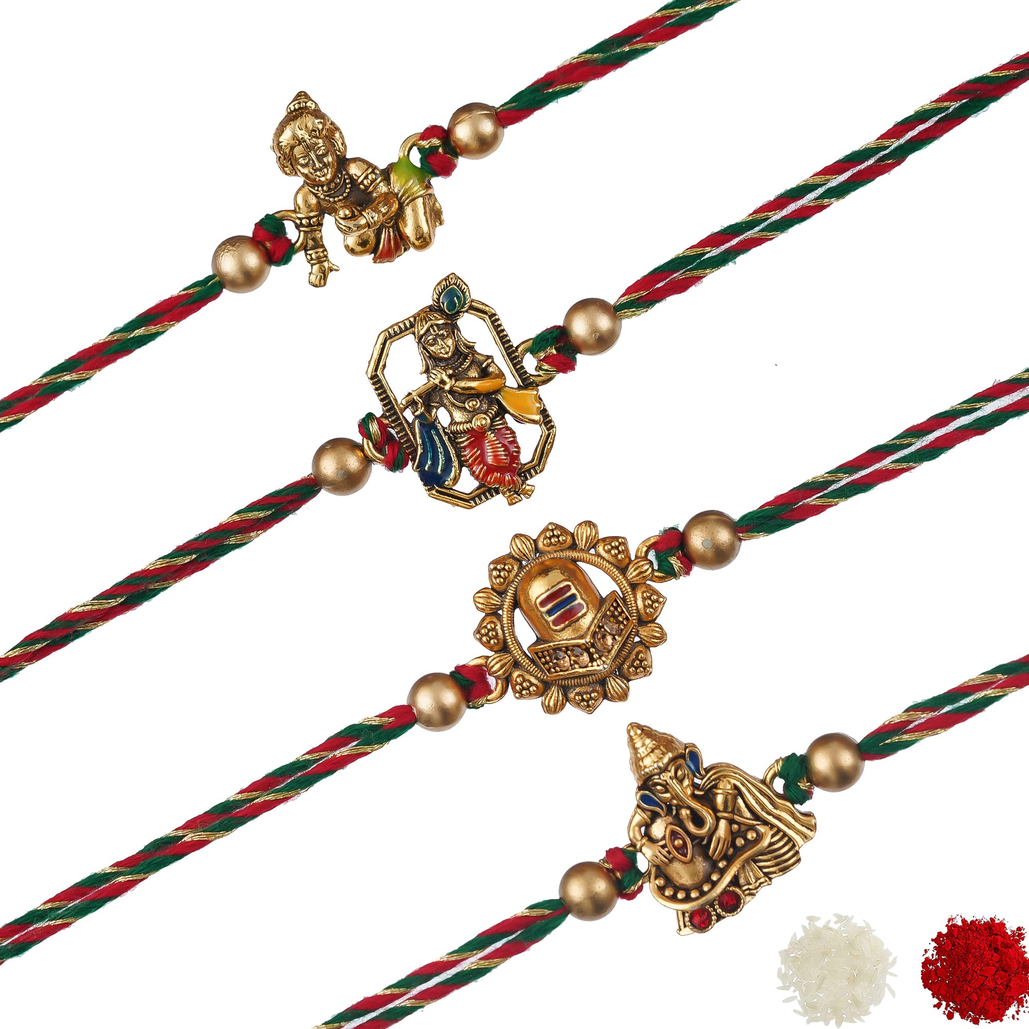 eCraftIndia Set of 4 Golden Laddu Gopal, Lord Krishna Playing Flute, Lord Ganesha, and Shivling Religious Rakhis with Green Red Threads, and Roli Chawal Pack 2