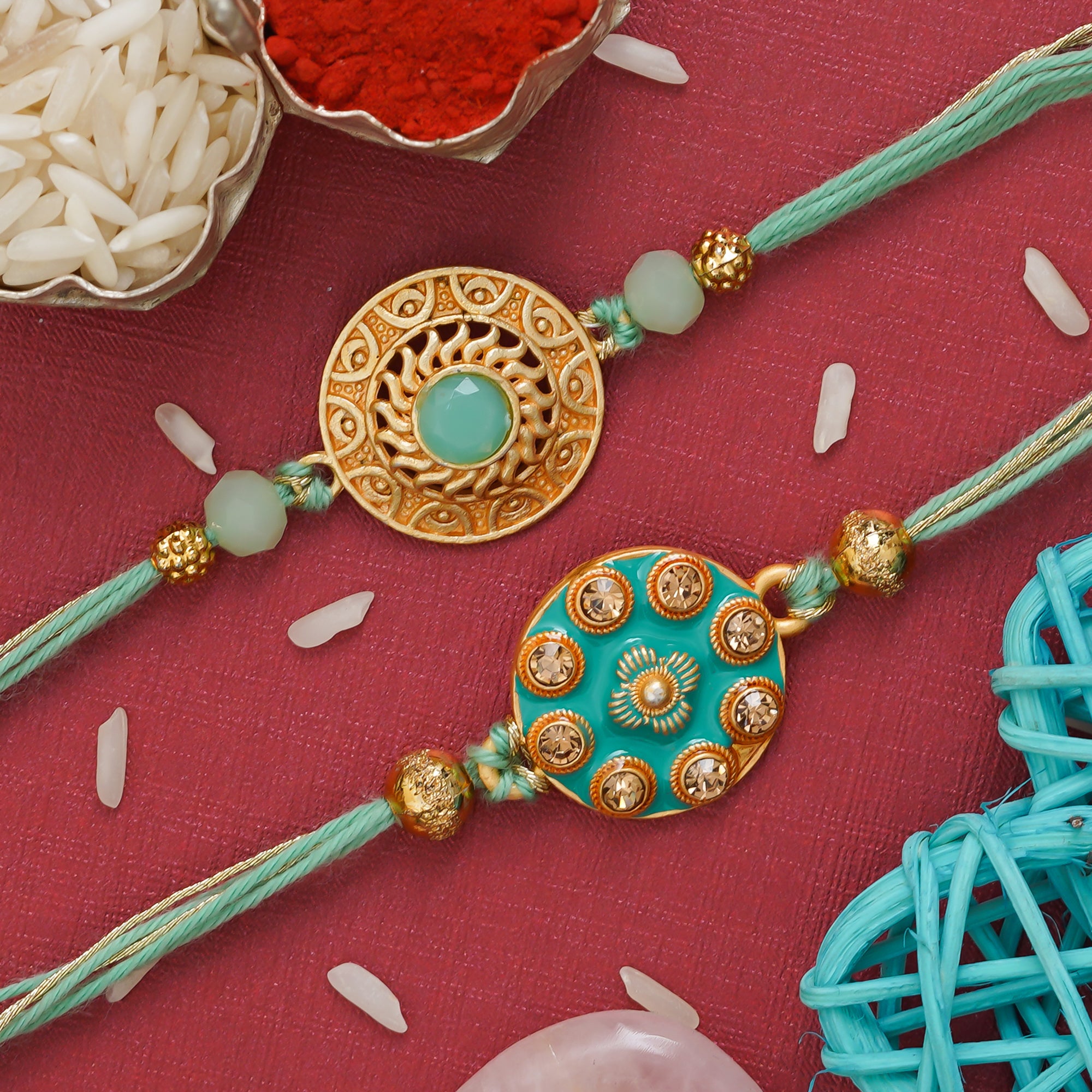 eCraftIndia Light Blue & Golden Set of 2 Premium Designer Rakhis with