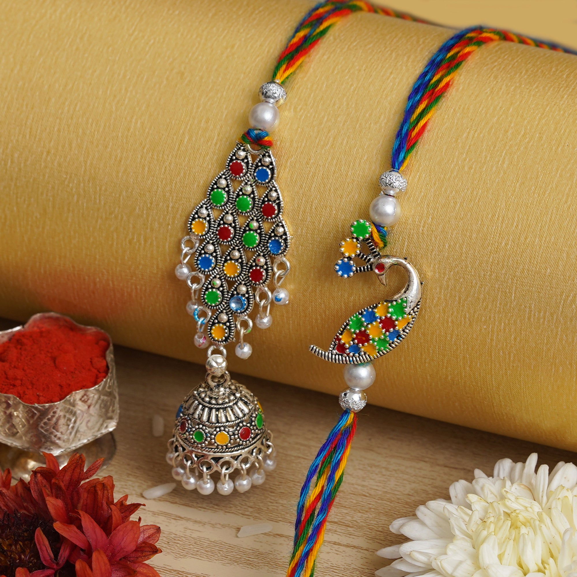 eCraftIndia Multicolor Peacock Designer Bhaiya Bhabhi Rakhi Set with Roli Chawal Pack 1