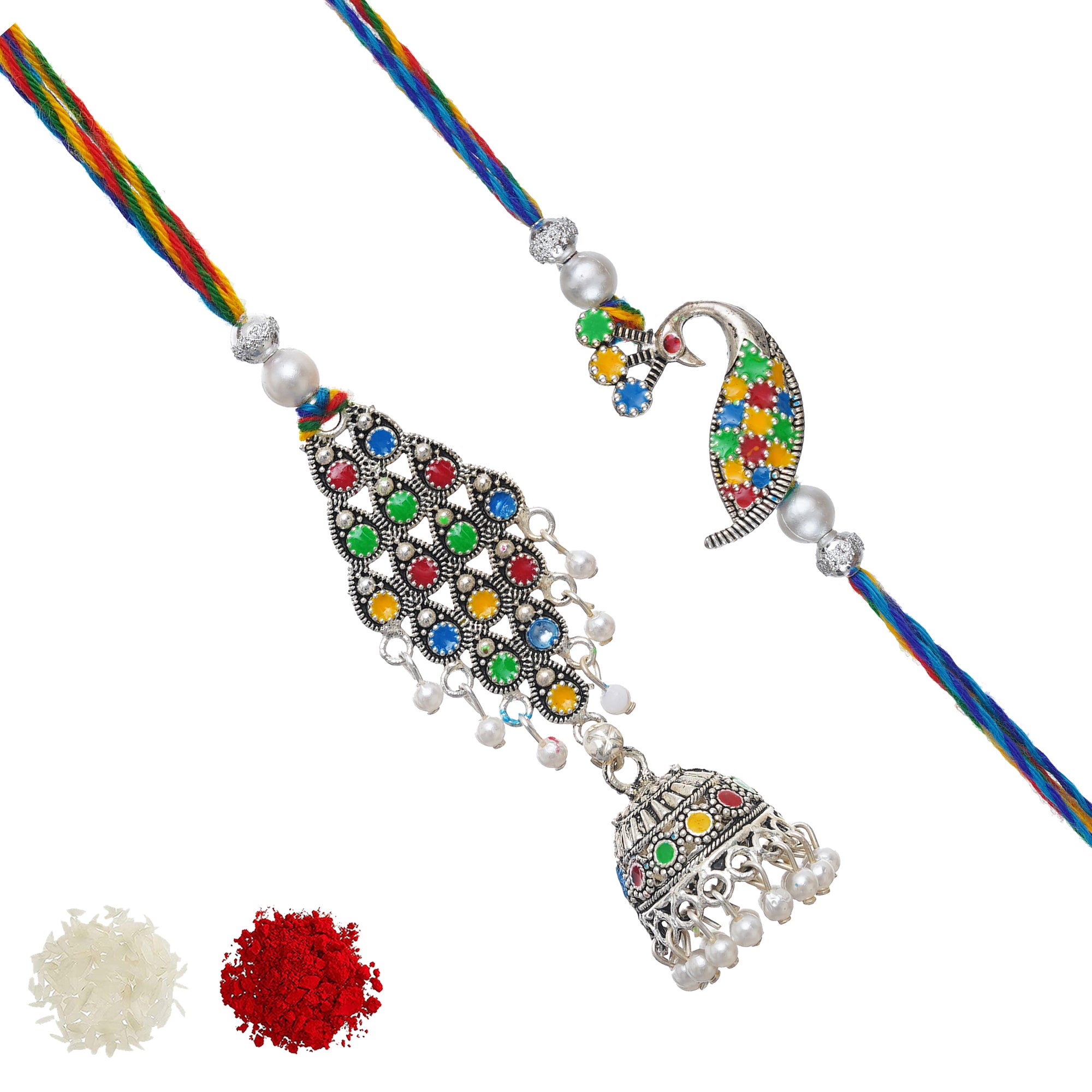 eCraftIndia Multicolor Peacock Designer Bhaiya Bhabhi Rakhi Set with Roli Chawal Pack 2