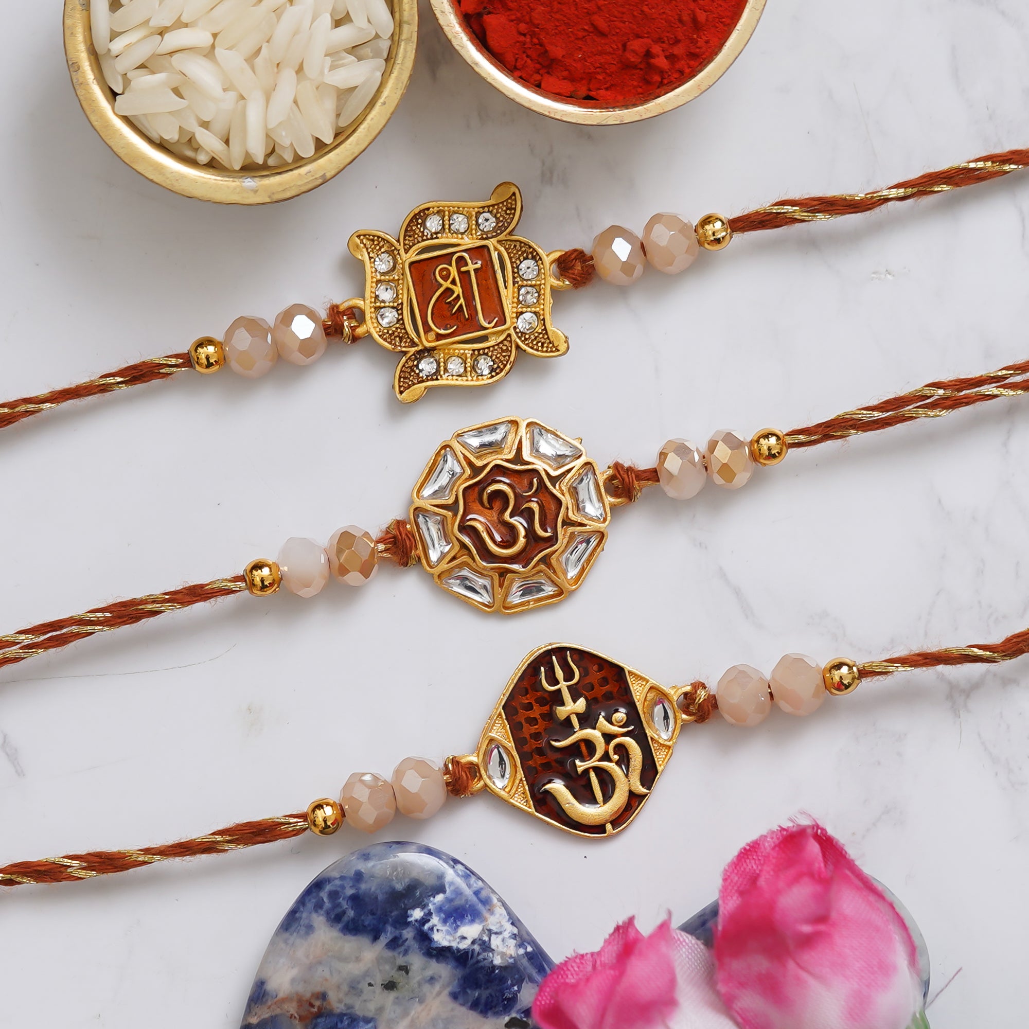 eCraftIndia Set of 3 Shri, Om, and Om Trishul with Damru Religious Designer Rakhis with Roli Chawal Pack