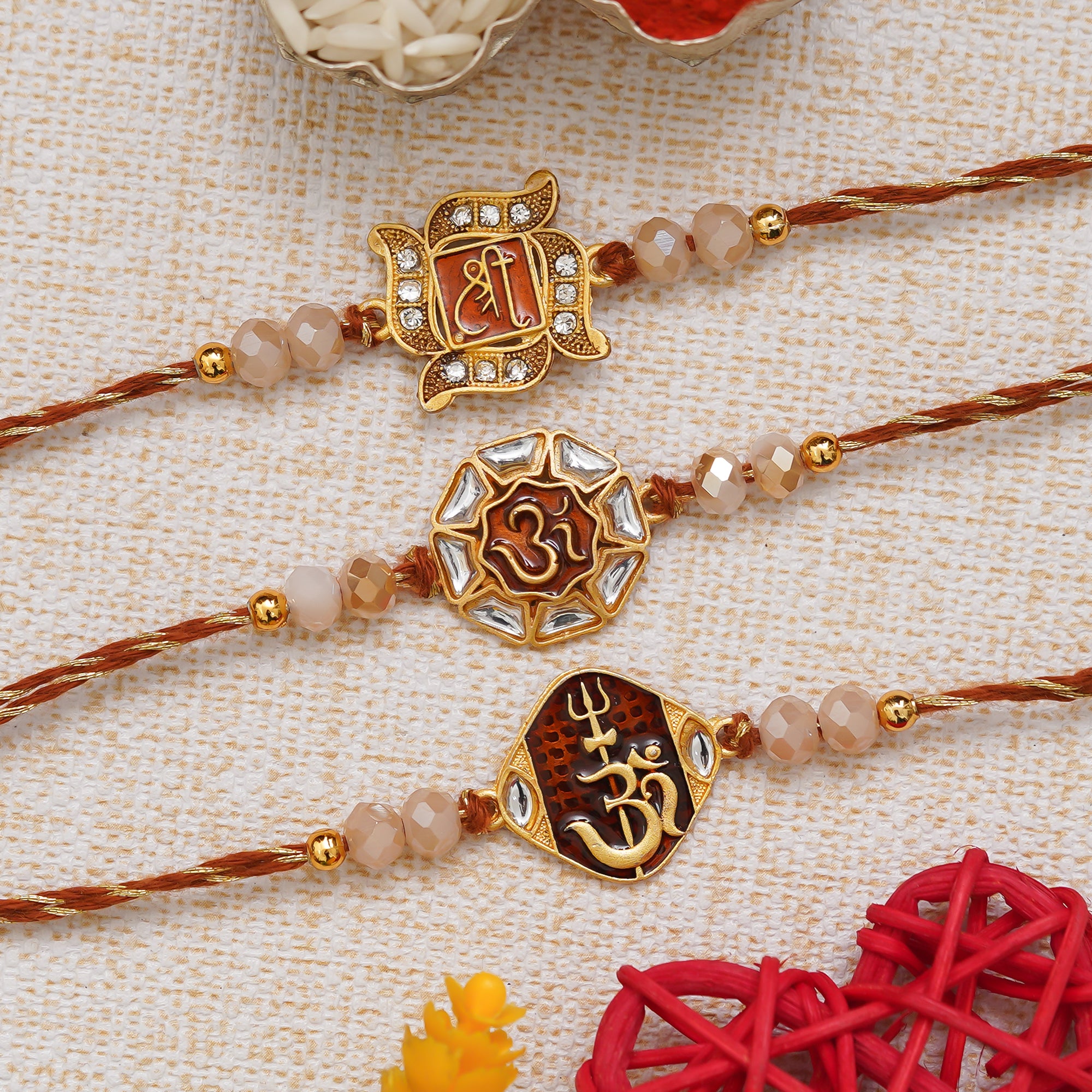 eCraftIndia Set of 3 Shri, Om, and Om Trishul with Damru Religious Designer Rakhis with Roli Chawal Pack 1