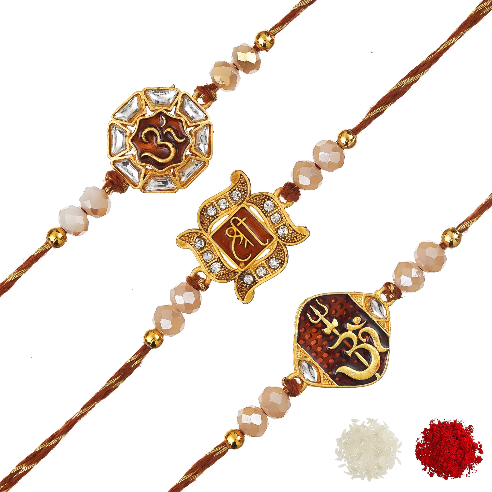 eCraftIndia Set of 3 Shri, Om, and Om Trishul with Damru Religious Designer Rakhis with Roli Chawal Pack 2