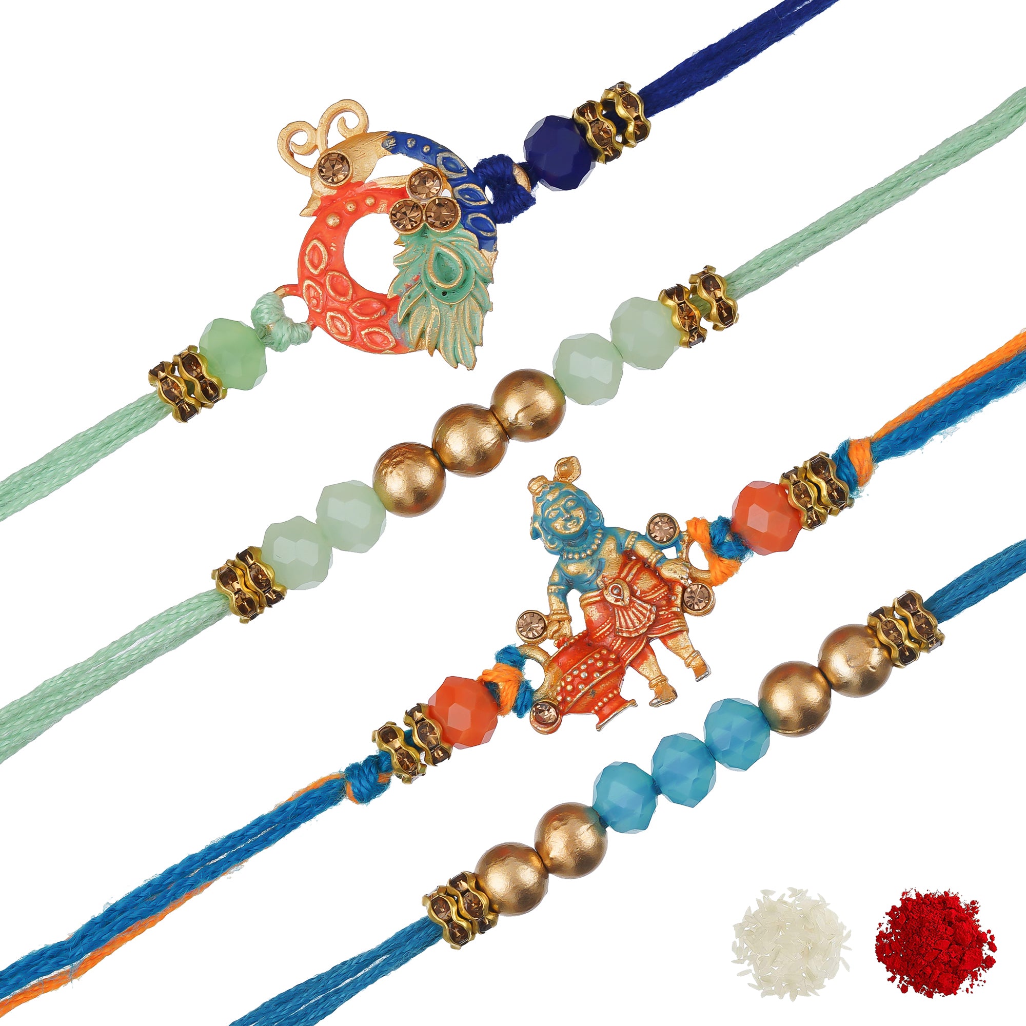 eCraftIndia Multicolor Set of 4 Lord Krishna, Peacock, Beads, Pearls Religious Designer Rakhis with Roli Chawal Pack 2