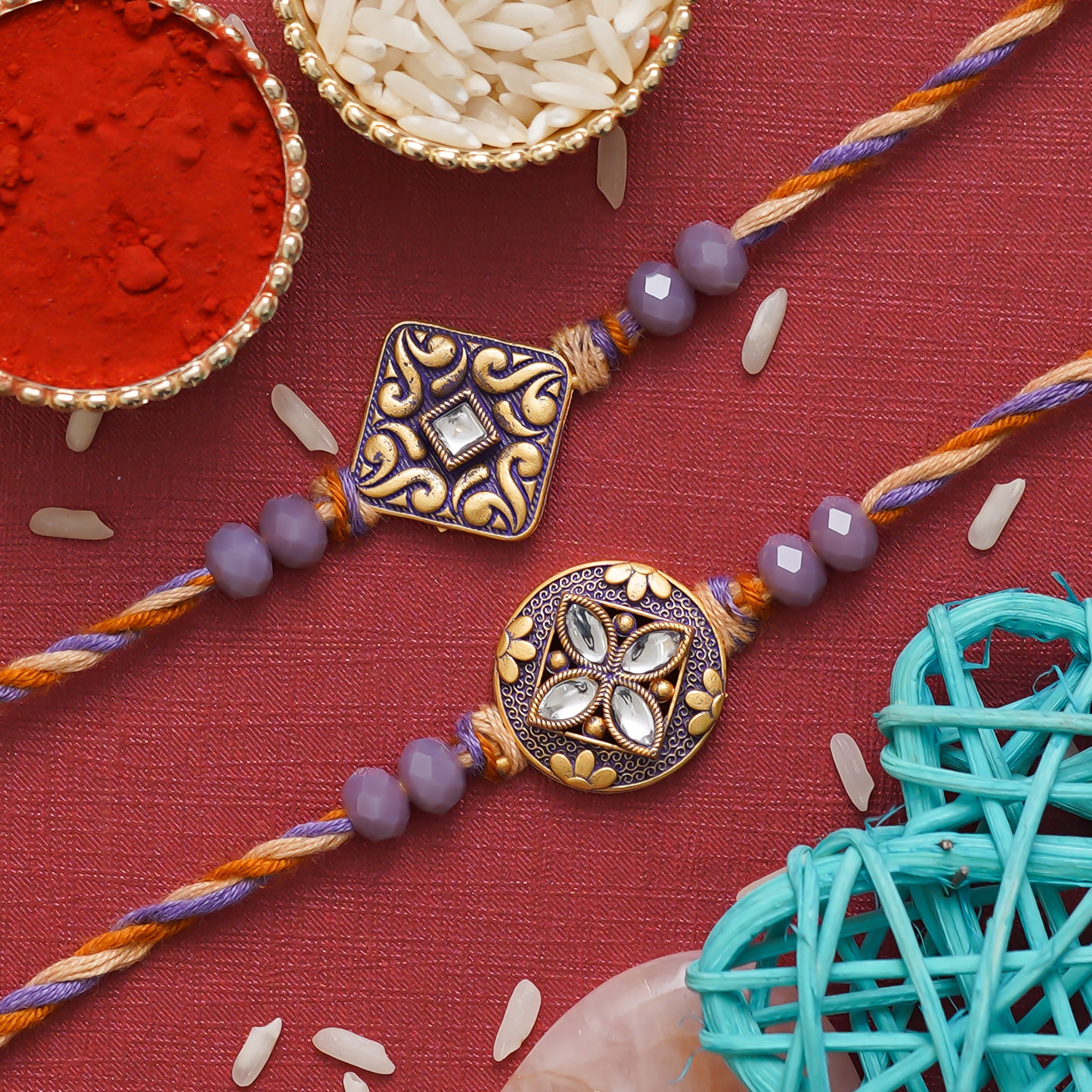 eCraftIndia Purple and Golden Set of 2 Precious Stone Designer Rakhis