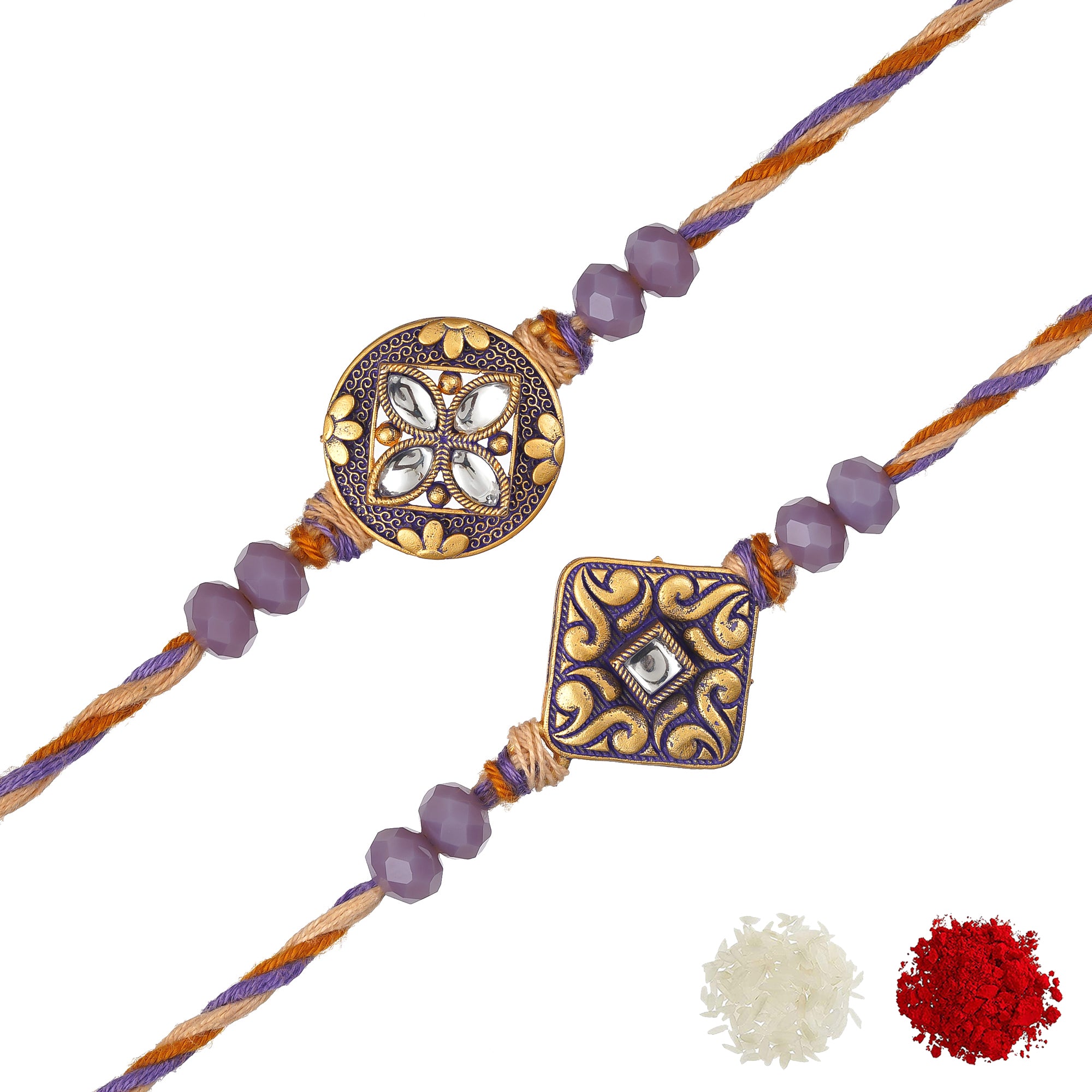 eCraftIndia Purple and Golden Set of 2 Precious Stone Designer Rakhis