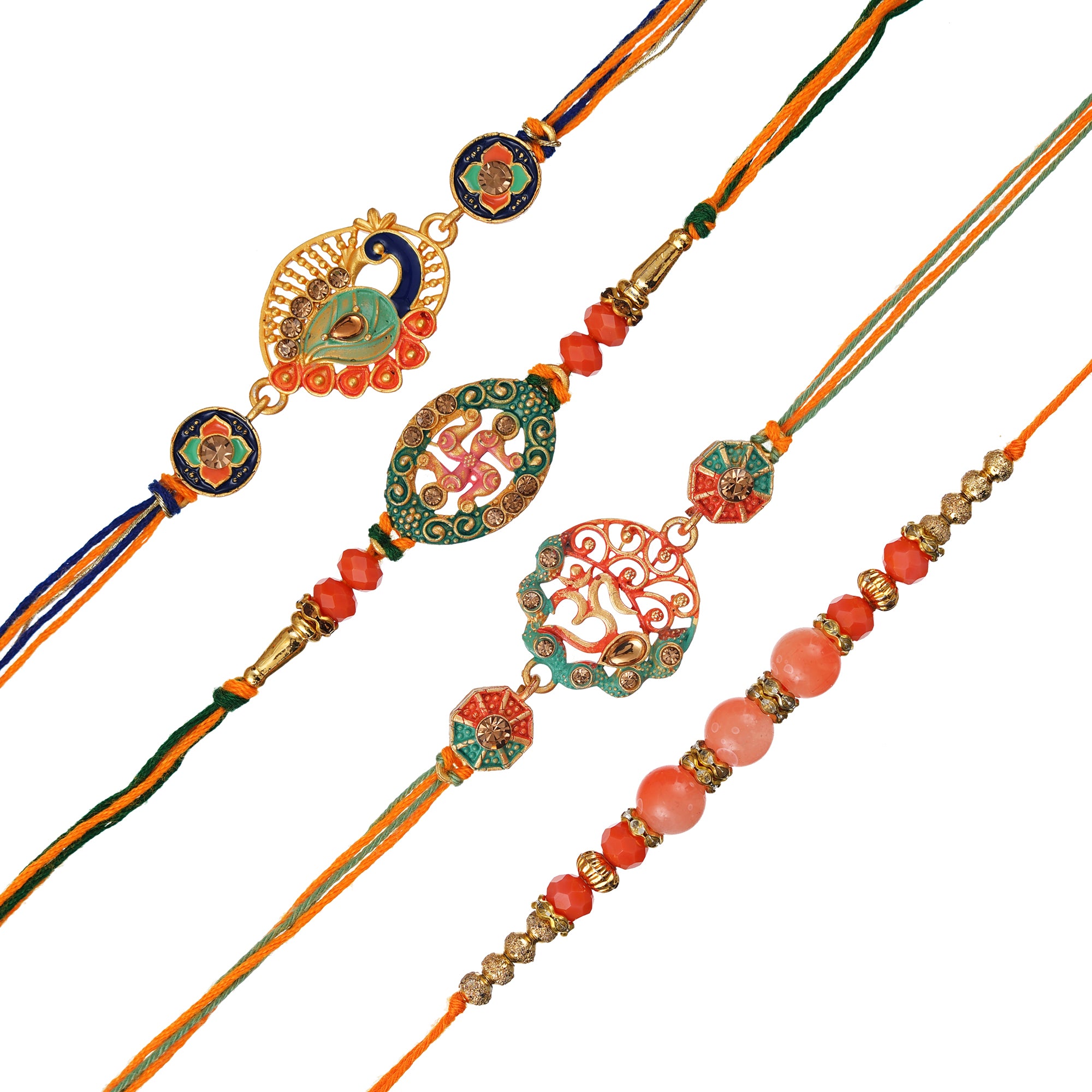 Set of 4 Om, Swastika, Peacock, Pearls, Designer Rakhis with Roli Chawal Pack 2