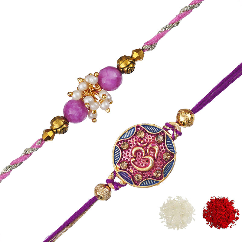 eCraftIndia Purple & Golden Set of 2 Om Symbol and Pearl Designer Rakhis with Roli Chawal Pack 2