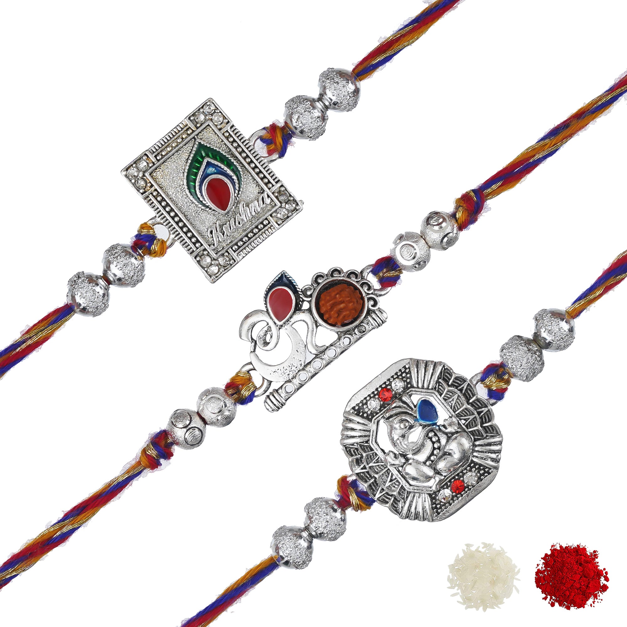 Set of 3 Om, Krishna with Peacock Feather, Lord Ganesha Silver Religious Designer Rakhis with Roli Chawal Pack 2