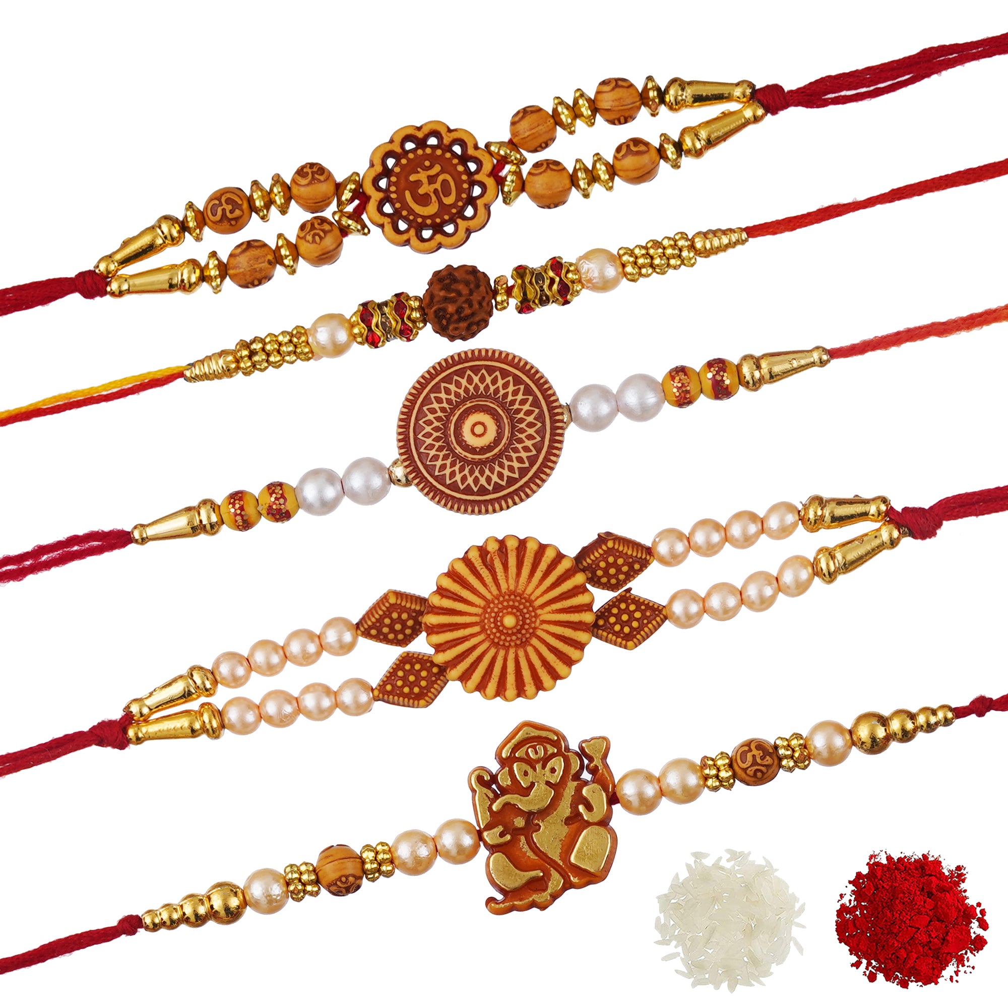 eCraftIndia Multicolor Set of 5 Rudraksha, Om, Ganesha, Flower, Pearls Religious Designer Rakhis with Roli Chawal Pack 2