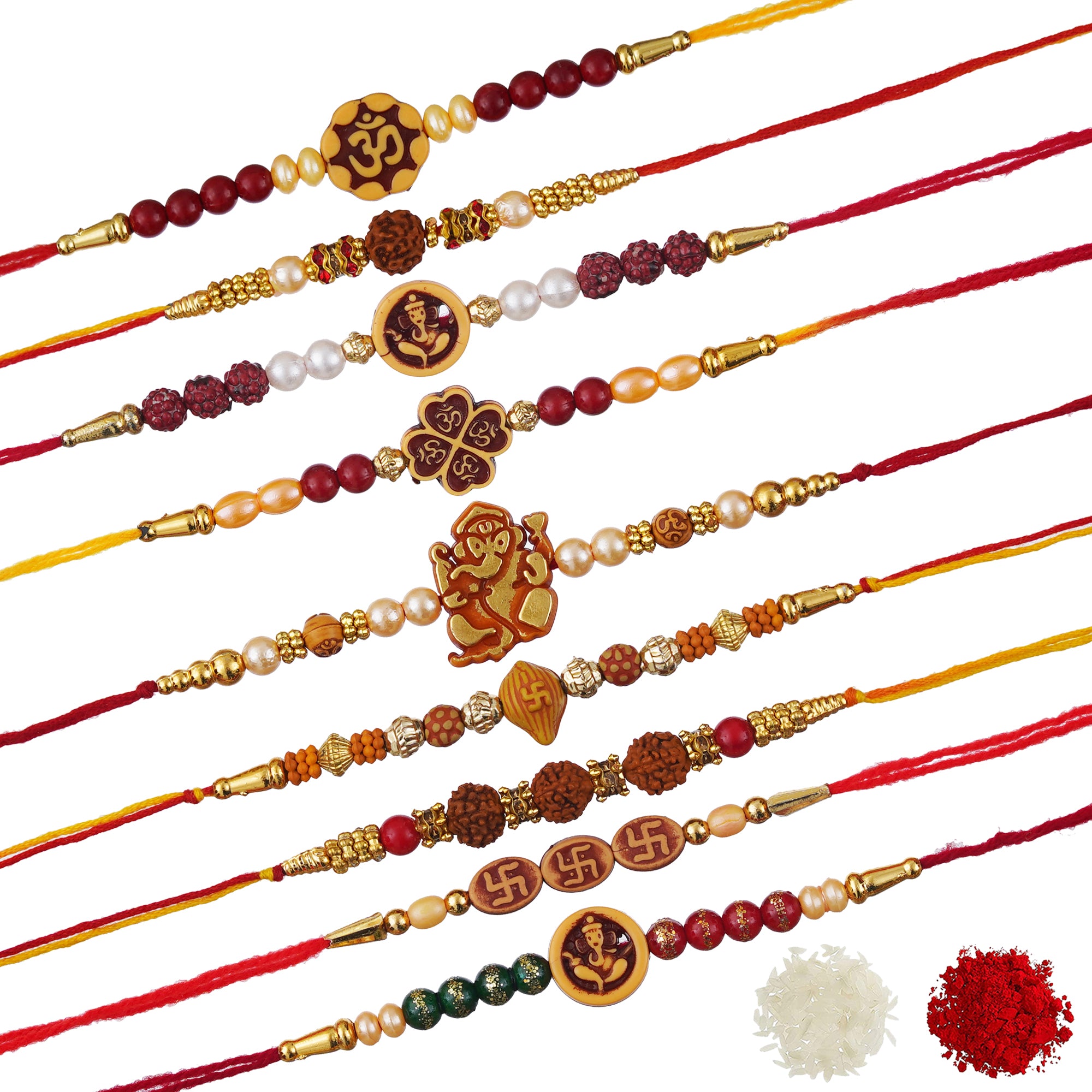 eCraftIndia Multicolor Set of 9 Om, Ganesha, Swastik, Rudraksha, Pearls Religious Designer Rakhis with Roli Chawal Pack 2