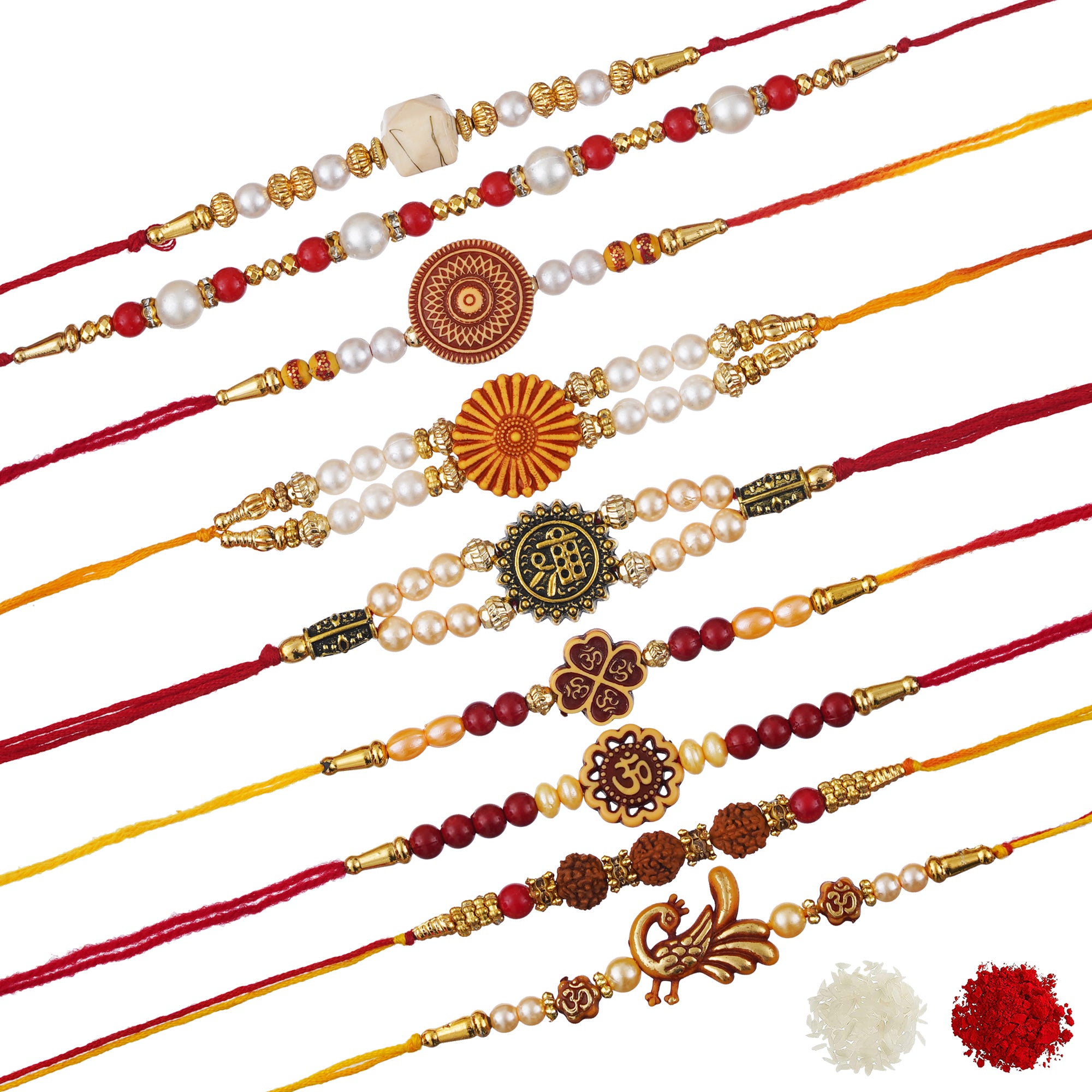 eCraftIndia Set of 9 Shri, Rudraksha, Flower, Peacock, Om, Beads, Pearl Religious Designer Rakhis with Roli Chawal Pack 2