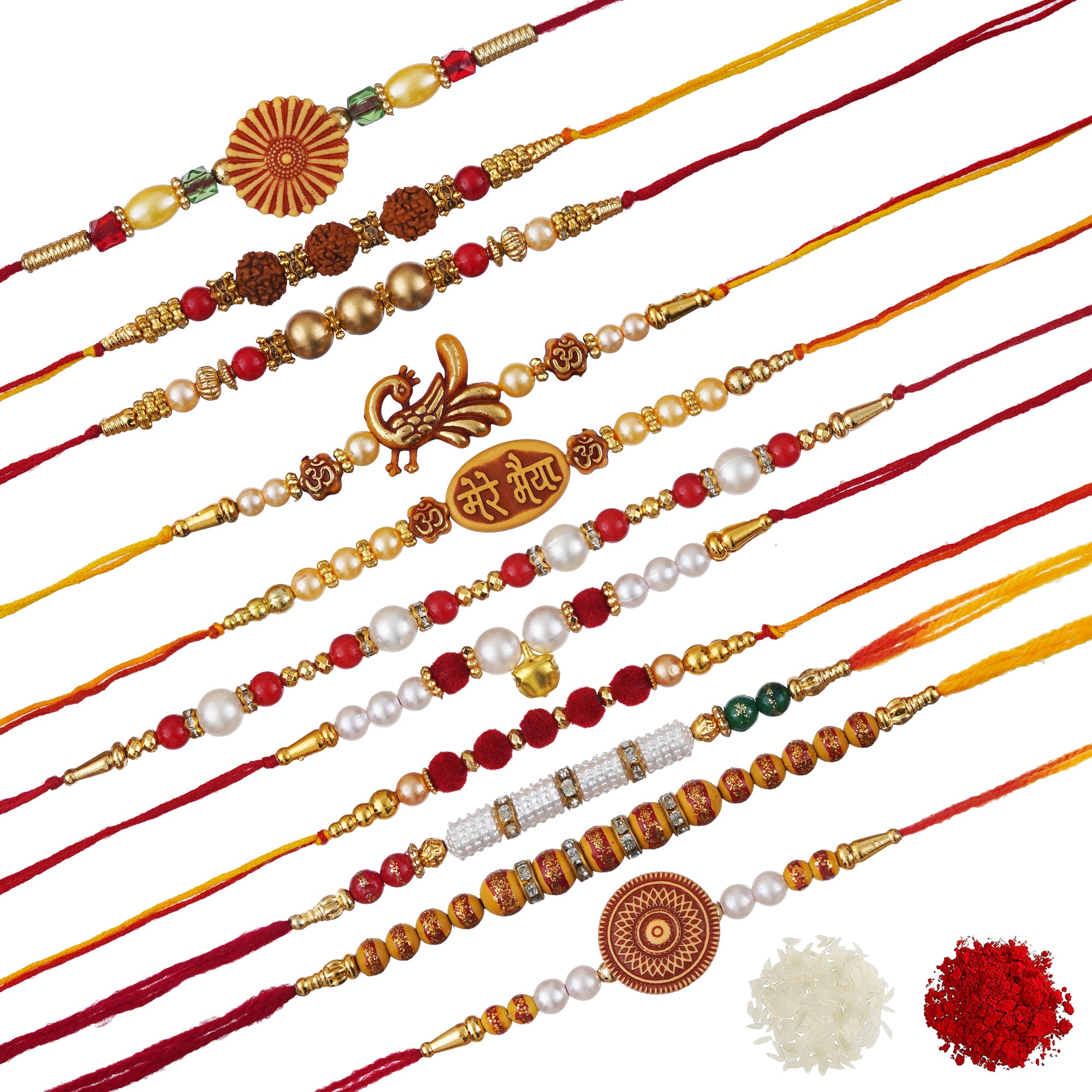 eCraftIndia Set of 11 Rudraksha, Peacock, Mere Bhaiya, Flower, Beads, Pearls Designer Rakhis with Roli Chawal Pack 2