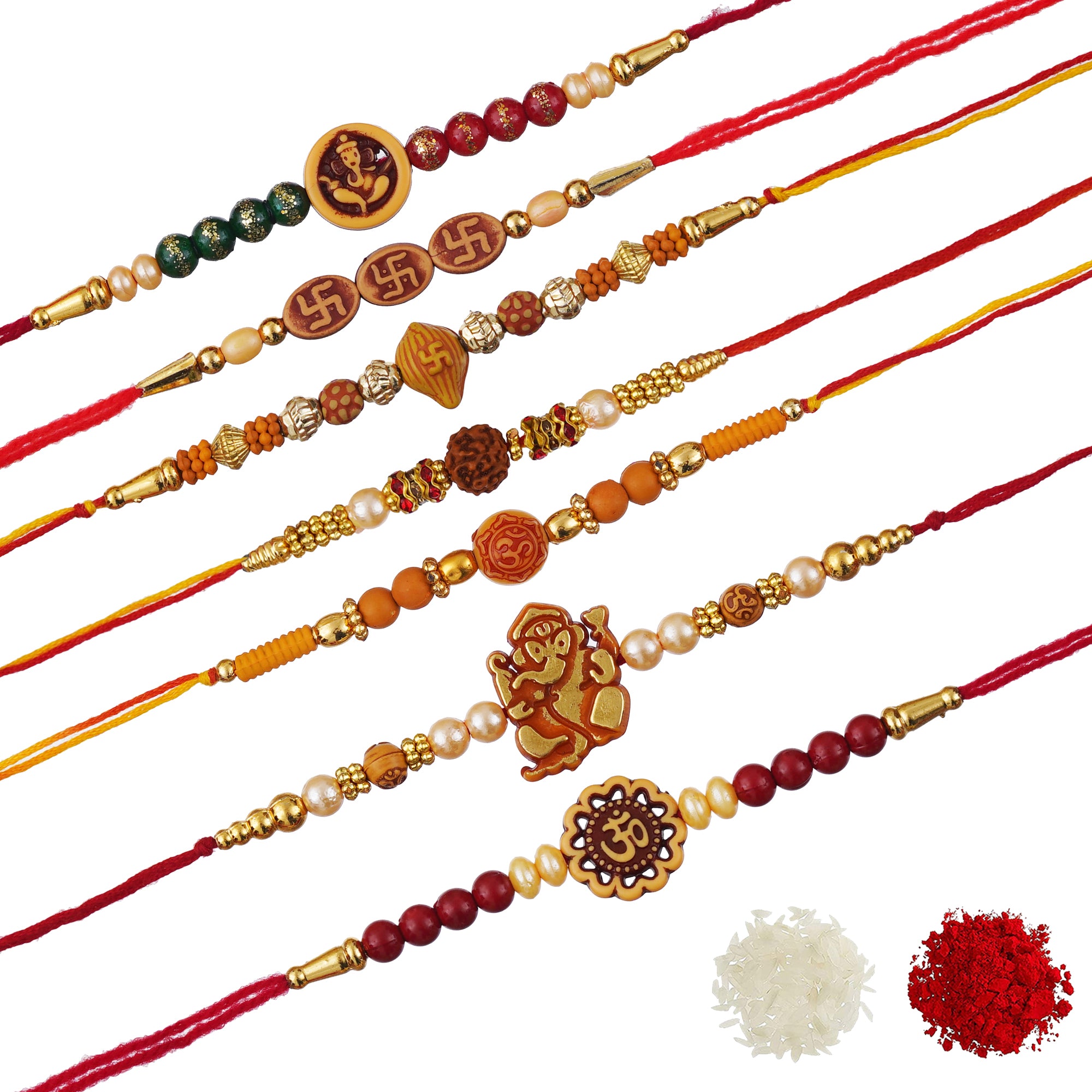 eCraftIndia Multicolor Set of 7 Om, Ganesha, Swastik, Rudraksha, Pearls Religious Designer Rakhis with Roli Chawal Pack 2