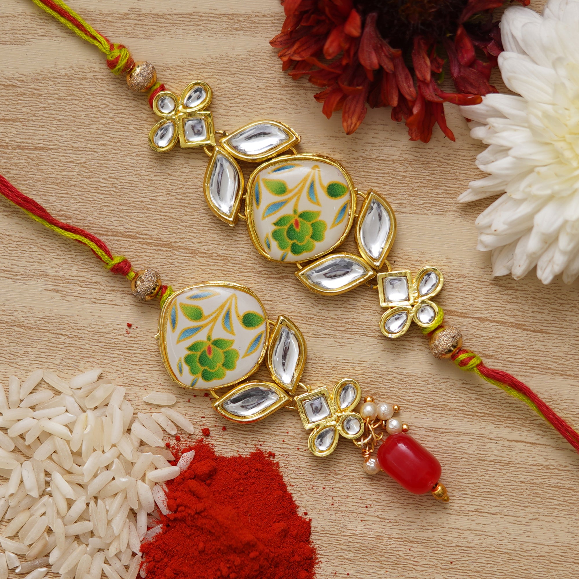 eCraftIndia Set of 2 Designer Floral Bhaiya Bhabhi Rakhi Set with Roli Chawal Pack