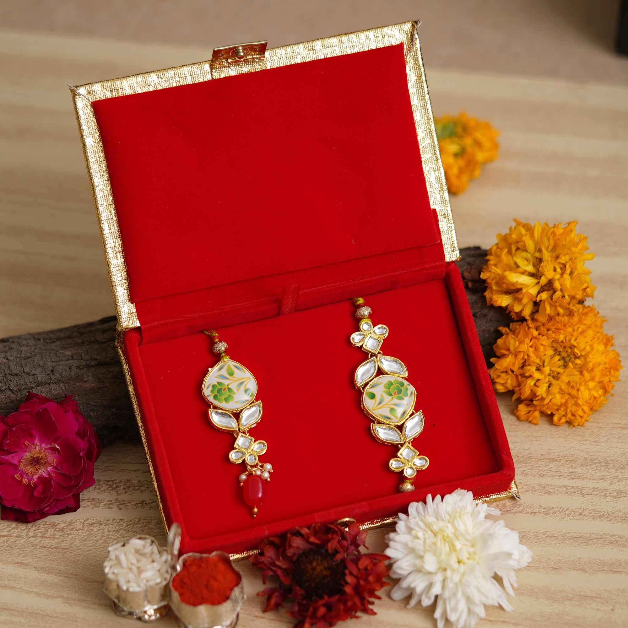 eCraftIndia Set of 2 Designer Floral Bhaiya Bhabhi Rakhi Set with Roli Chawal Pack 1