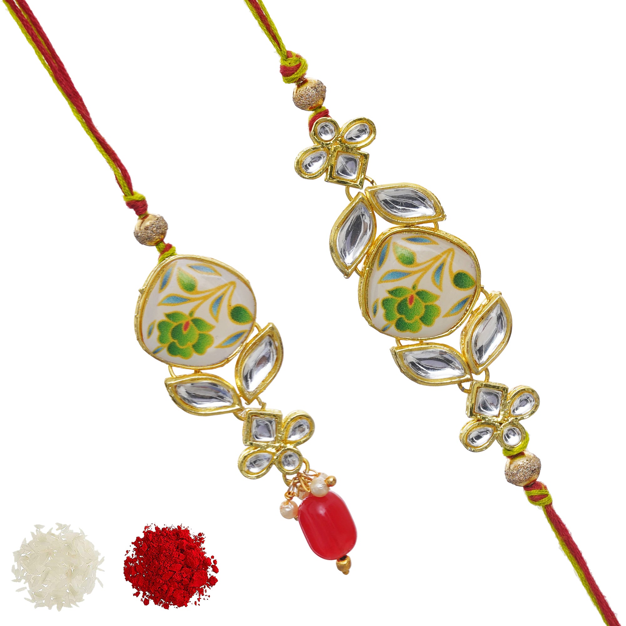 eCraftIndia Set of 2 Designer Floral Bhaiya Bhabhi Rakhi Set with Roli Chawal Pack 4