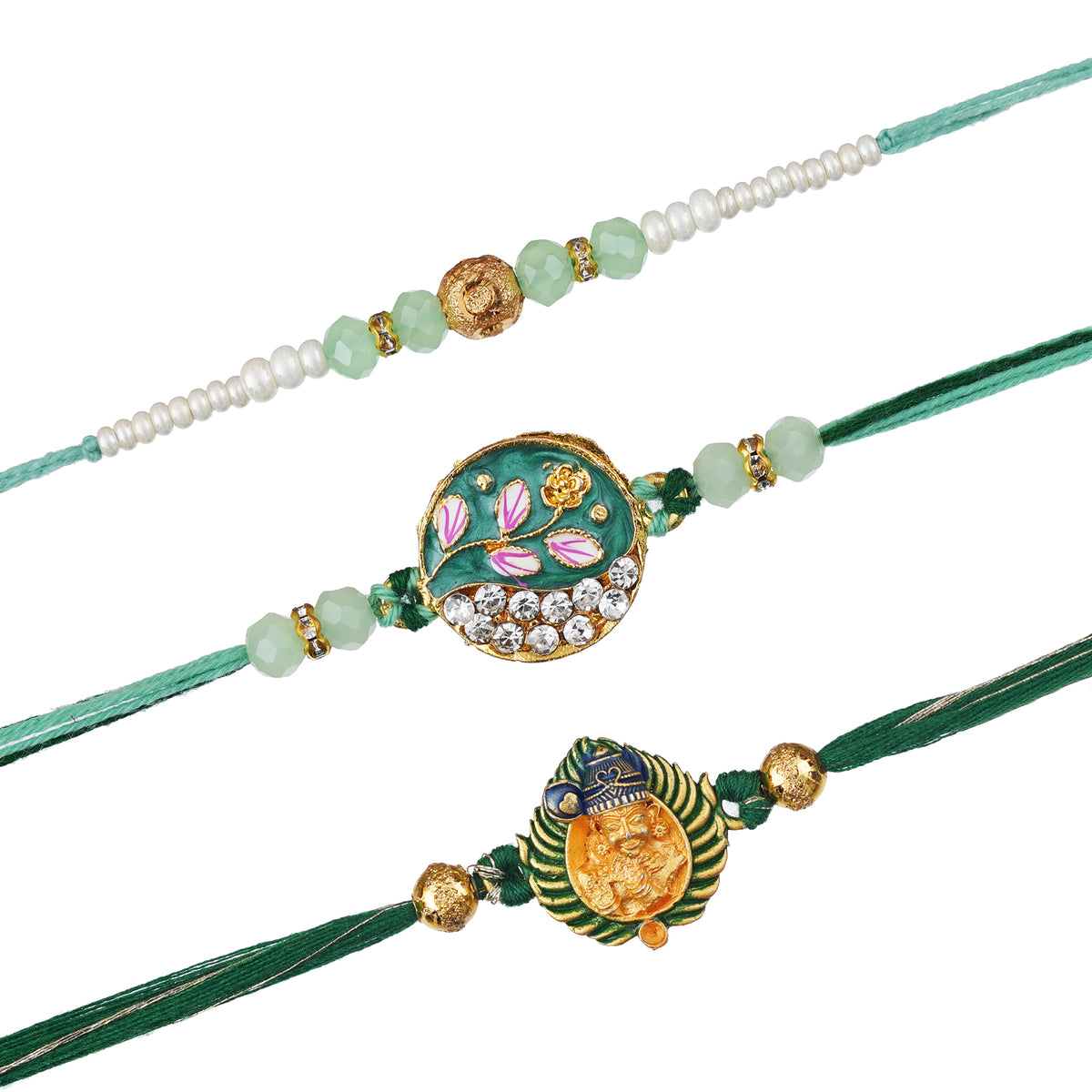 eCraftIndia Set of 3 Pearls, Floral, and Lord Krishna Designer Rakhis
