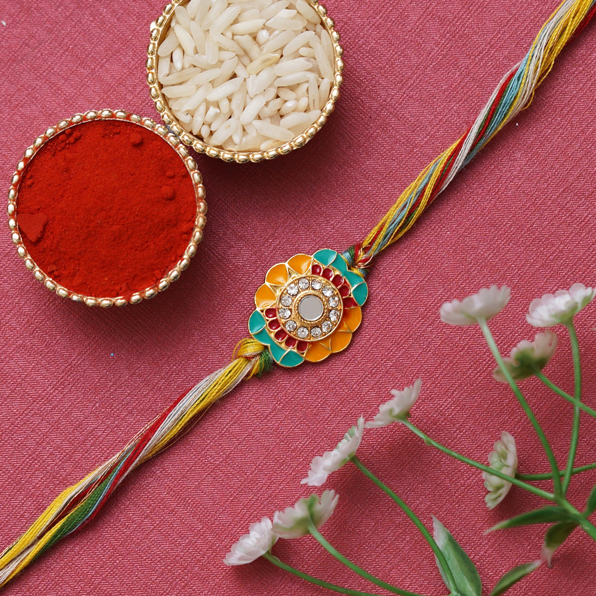 eCraftIndia Colorful Floral Diamond Designer Rakhi with Roli Chawal Pack 1