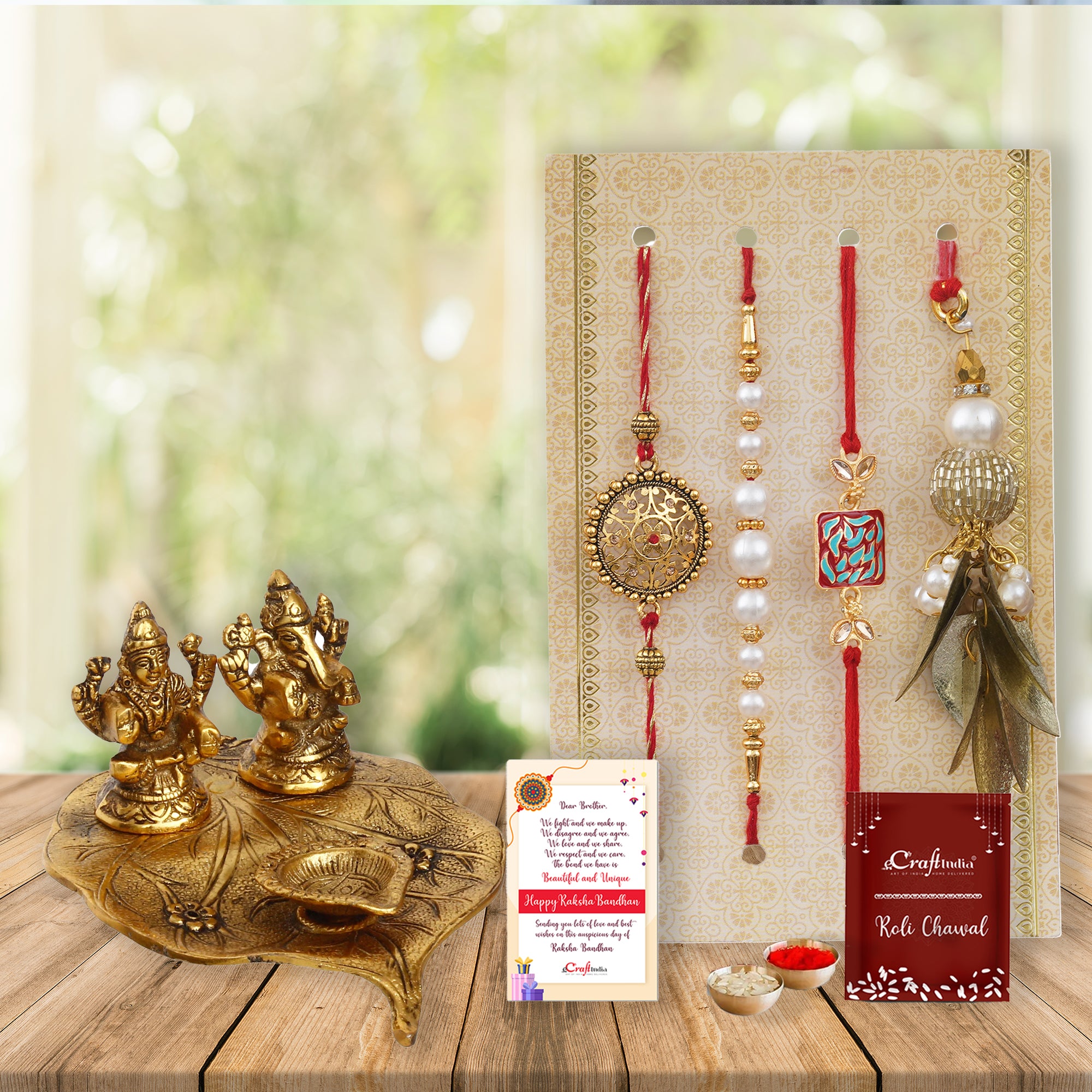 Set of 4 Floral, Pearls, Diamonds, Lumba Designer Rakhis with Laxmi Ganesha Idols and Roli Chawal Pack, Raksha Bandhan Greeting Card