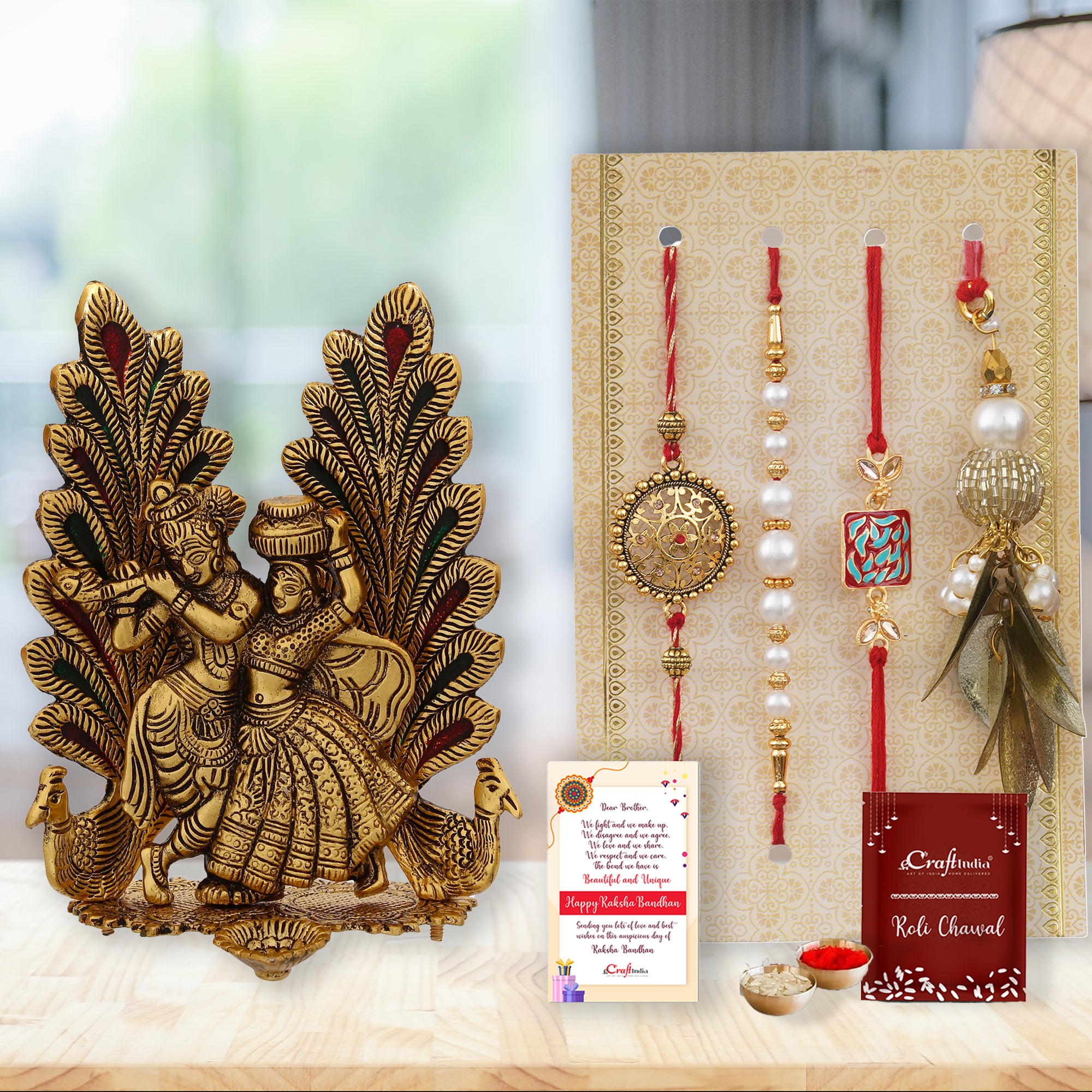 Set of 4 Floral, Pearls, Diamonds, Lumba Designer Rakhis with Radha Krishna Idol Diya and Roli Chawal Pack, Raksha Bandhan Greeting Card
