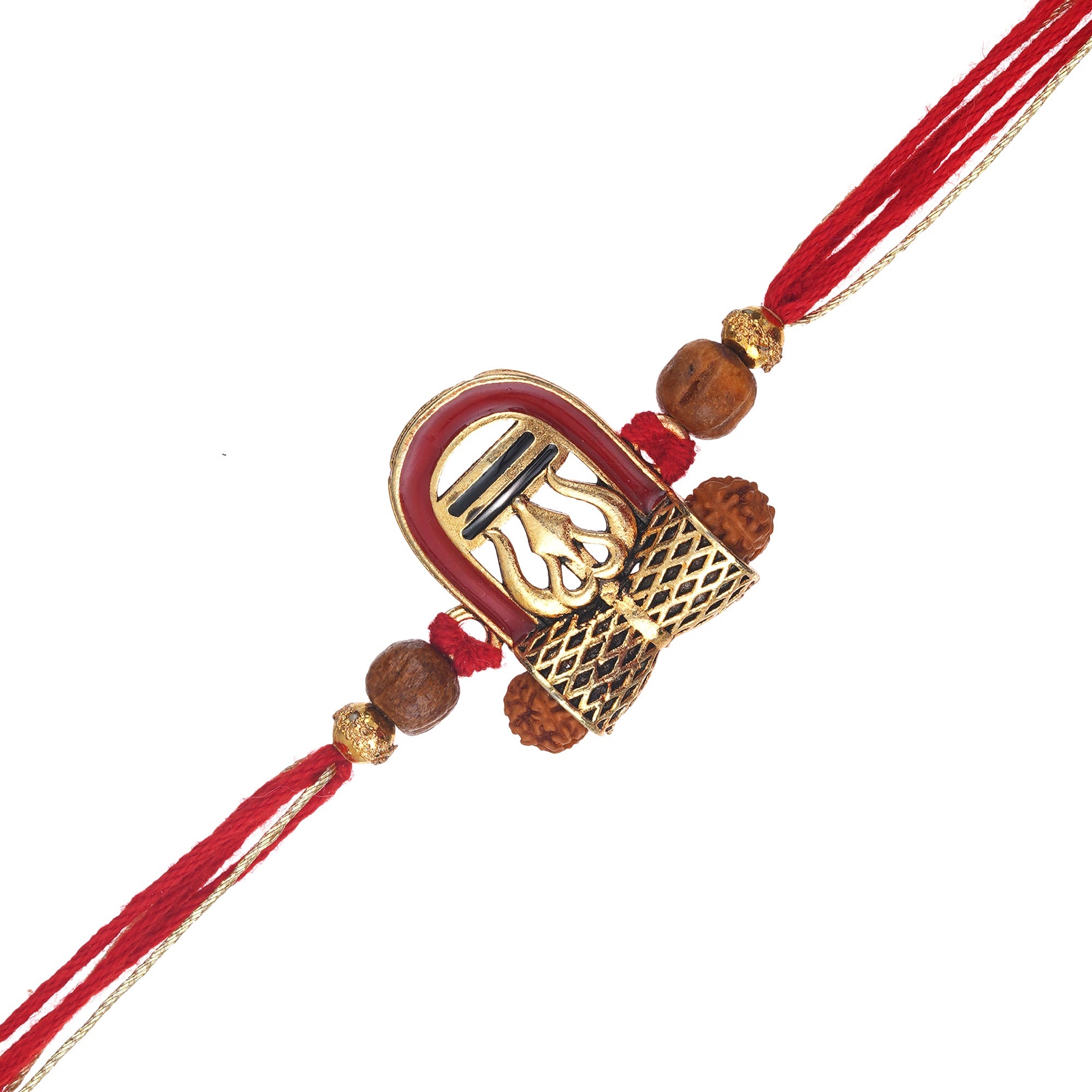 Red, Brown, and Golden Lord Shiva Shivling, Trishul, Damru, and Rudraksha Religious Designer Rakhi, and Roli Chawal Pack 2