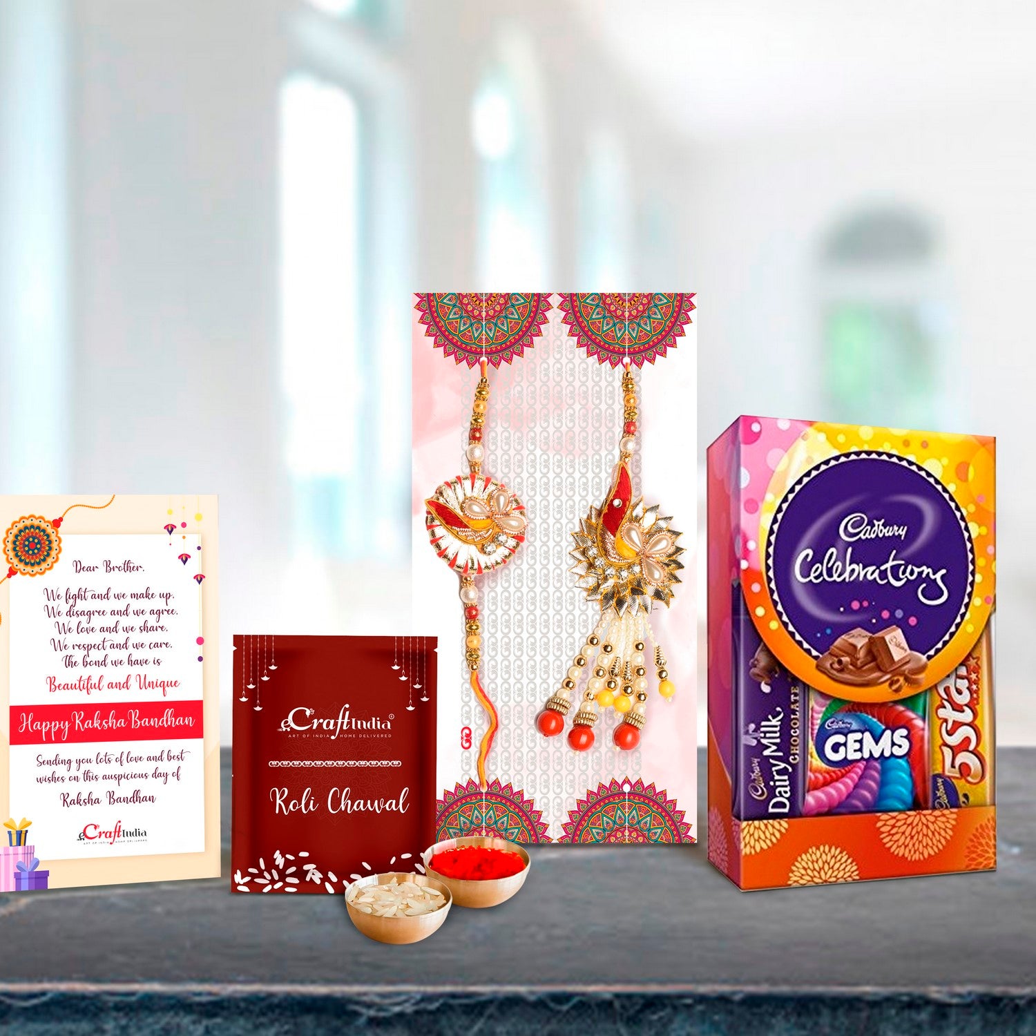 Bhaiya Bhabhi Designer Rakhi with Cadbury Celebrations Gift Pack of 5 Assorted Chocolates and Roli Chawal Pack, Best Wishes Greeting Card