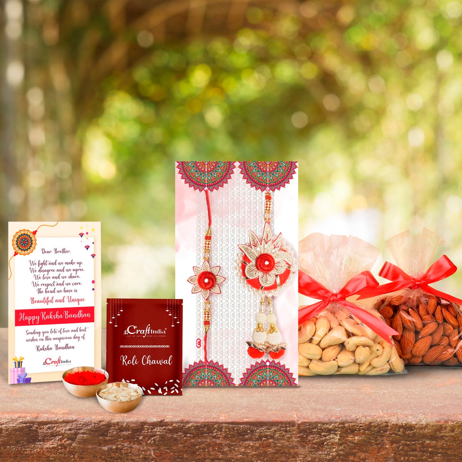 Bhaiya Bhabhi Designer Rakhi with Badam and Cashew (200 gm each, total 400 gm) and Roli Chawal Pack, Best Wishes Greeting Card