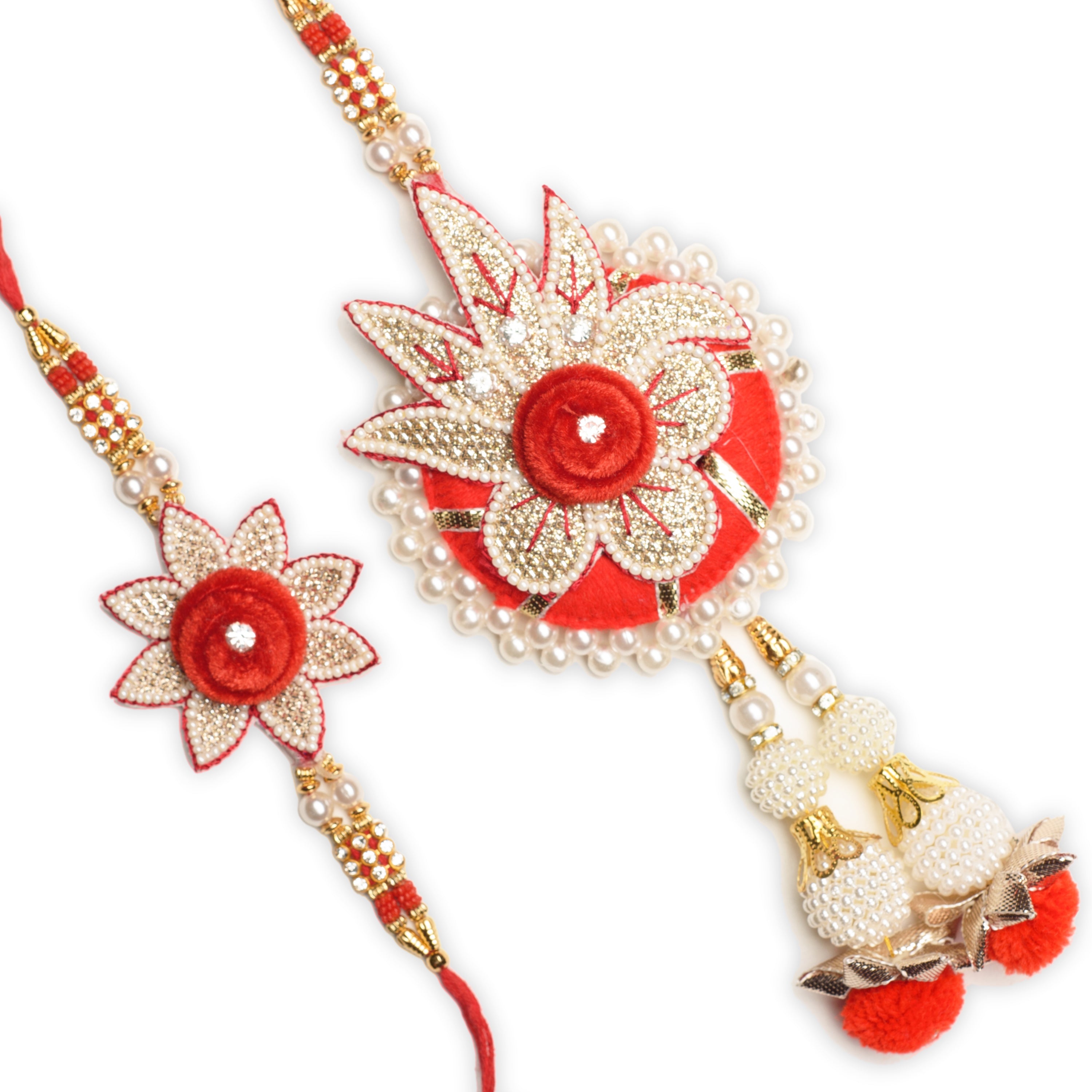 Bhaiya Bhabhi Designer Rakhi with Badam and Cashew (200 gm each, total 400 gm) and Roli Chawal Pack, Best Wishes Greeting Card 1