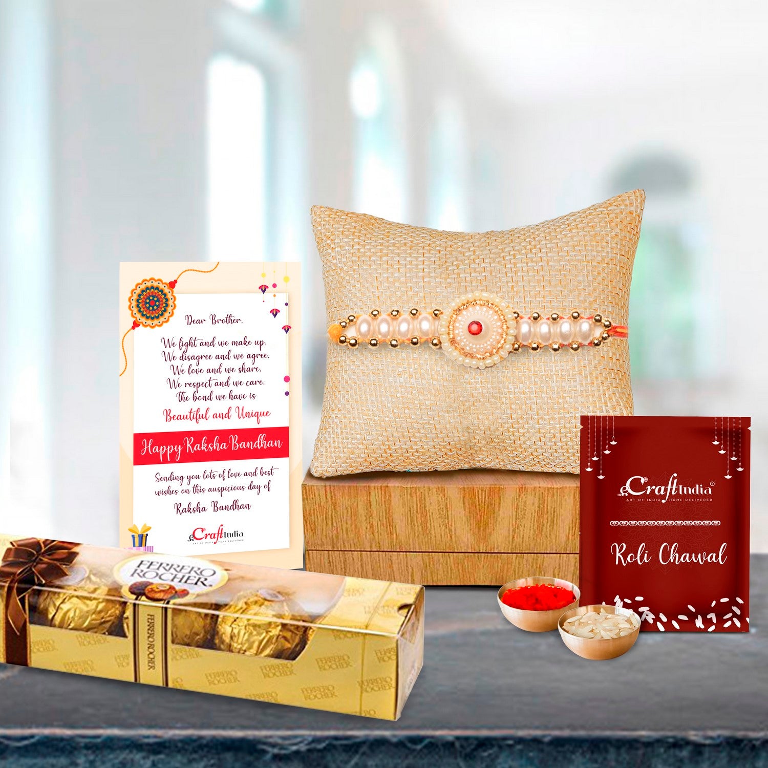 Designer Rakhi with Ferrero Rocher (4 pcs) and Roli Chawal Pack, Best Wishes Greeting Card