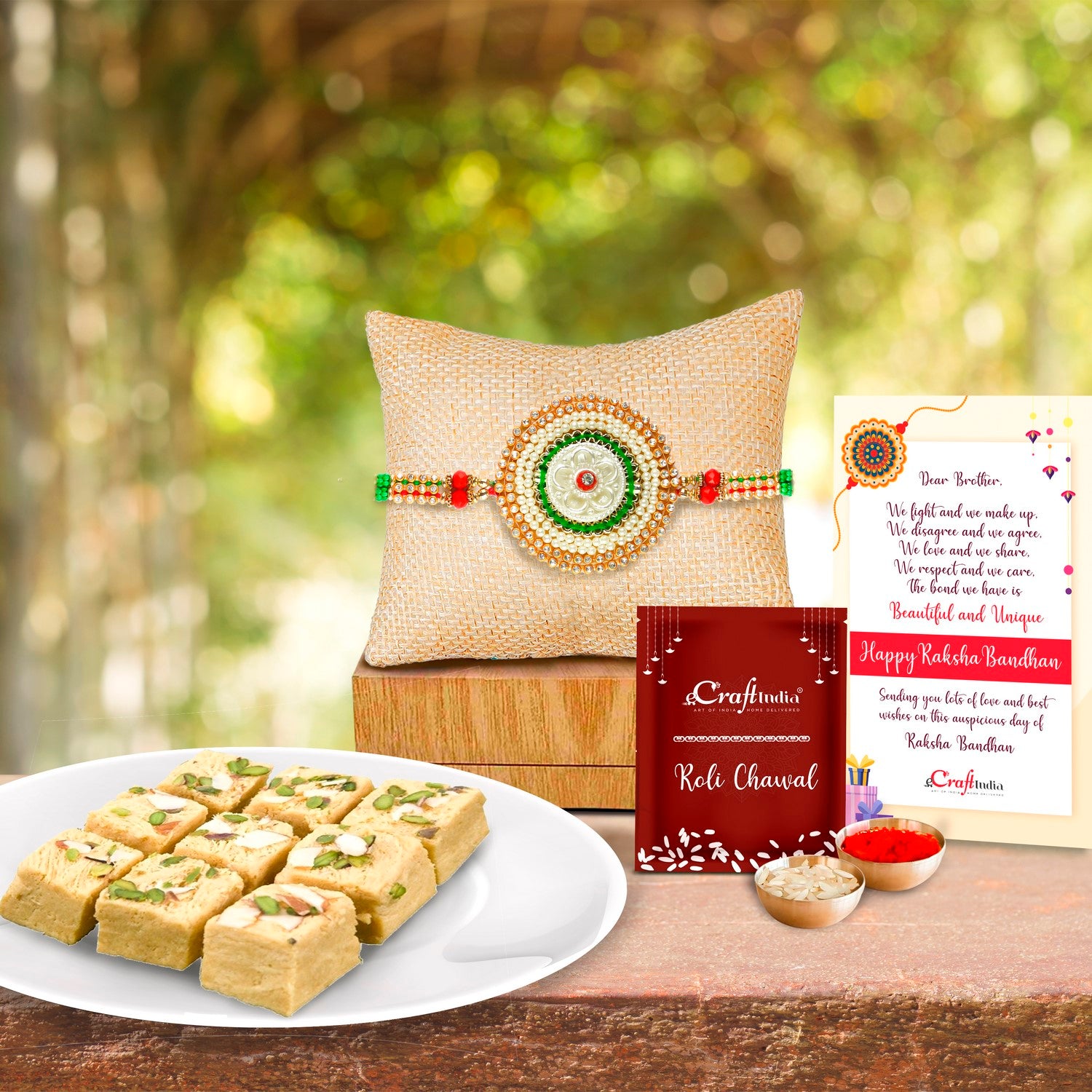 Designer Rakhi with Soan Papdi (500 Gm) and Roli Chawal Pack, Best Wishes Greeting Card