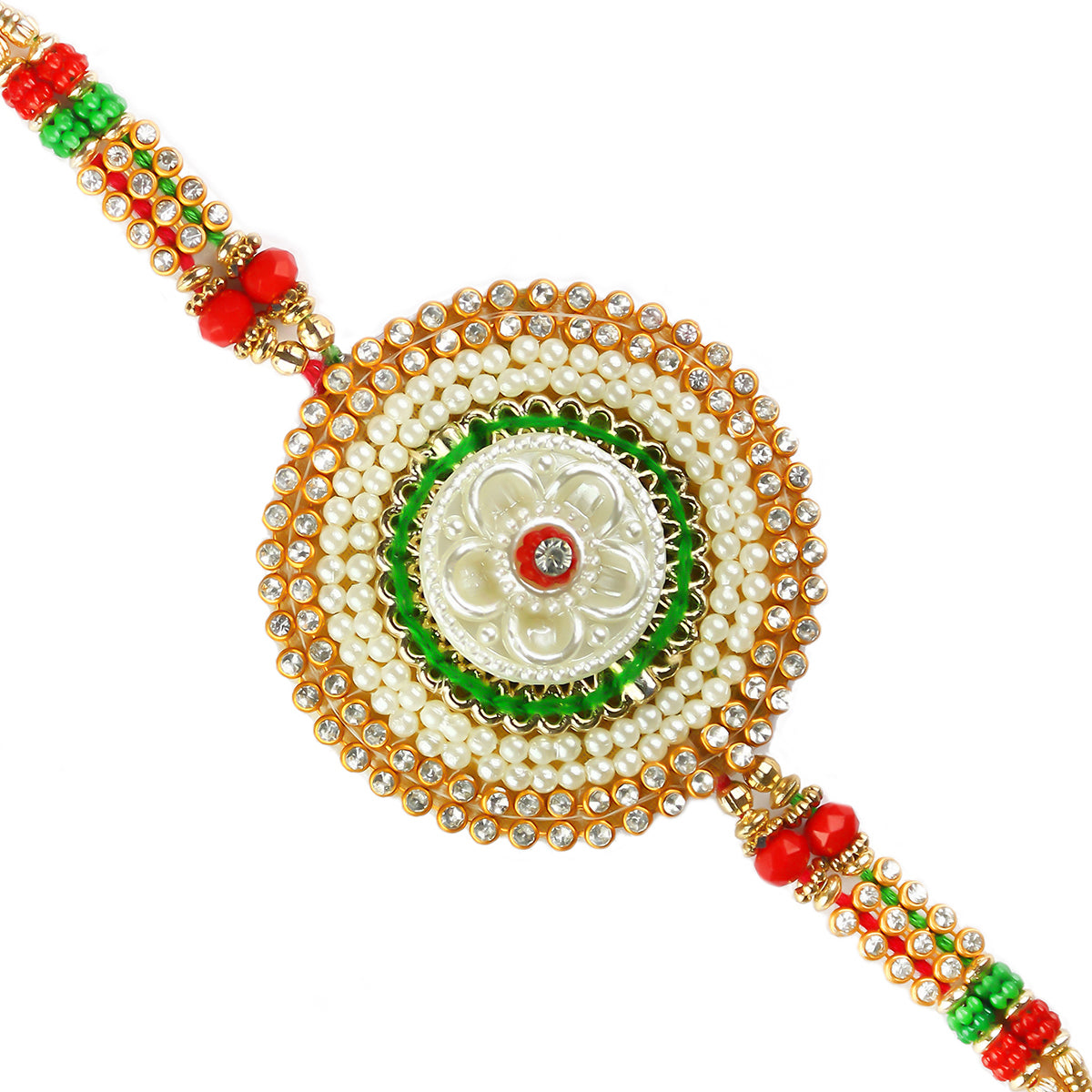 Designer Rakhi with Ferrero Rocher (16 pcs) and Roli Chawal Pack, Best Wishes Greeting Card 1