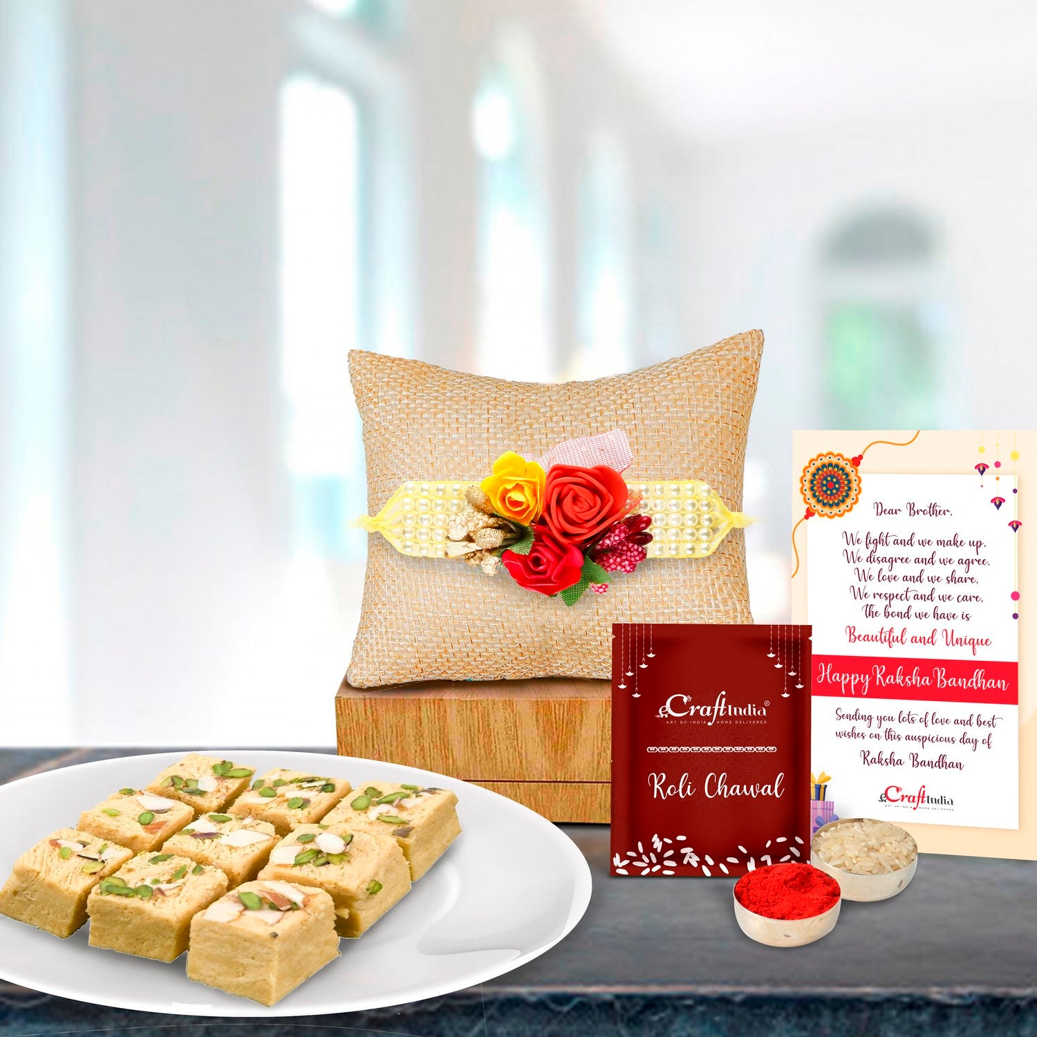 Designer Floral Rakhi with Soan Papdi (500 Gm) and Roli Chawal Pack, Best Wishes Greeting Card