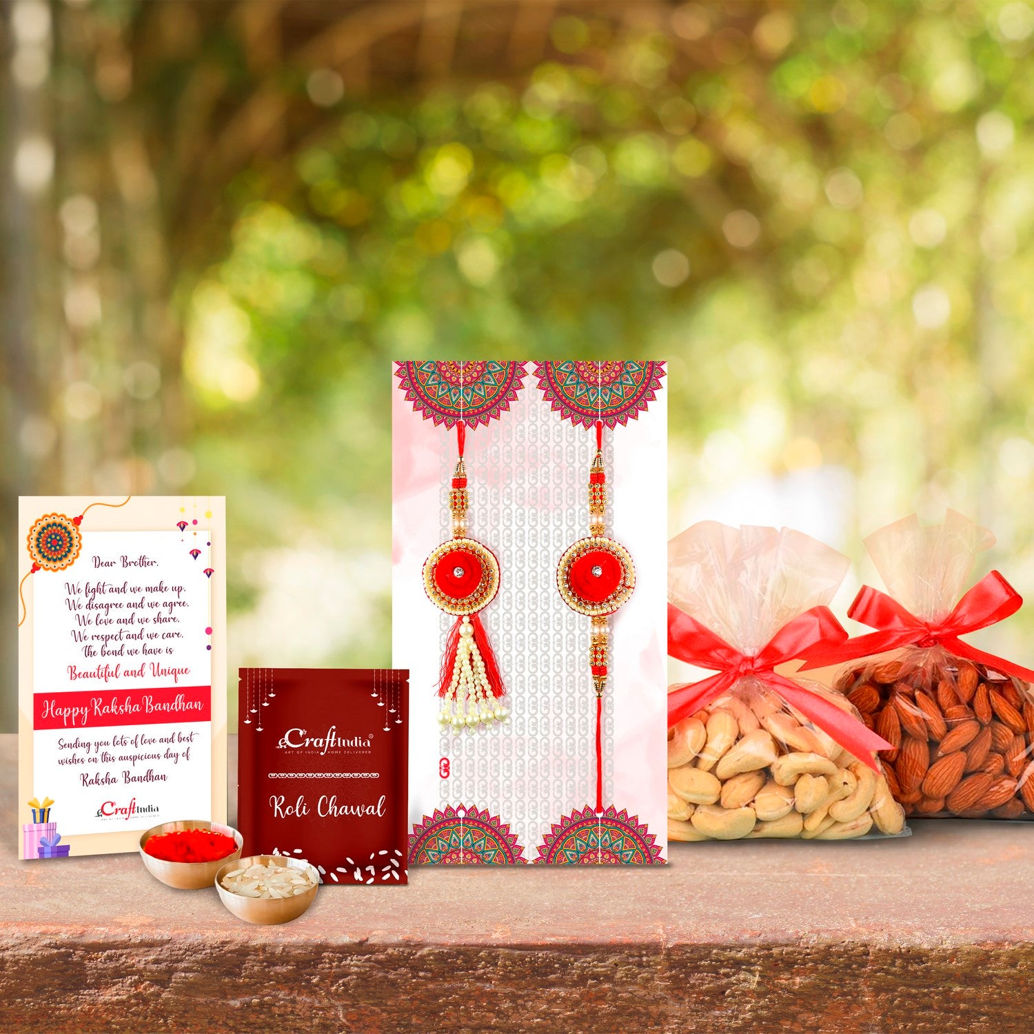 Bhaiya Bhabhi Rakhi Set with Badam and Cashew (200 gm each, total 400 gm) and Roli Chawal Pack, Best Wishes Greeting Card