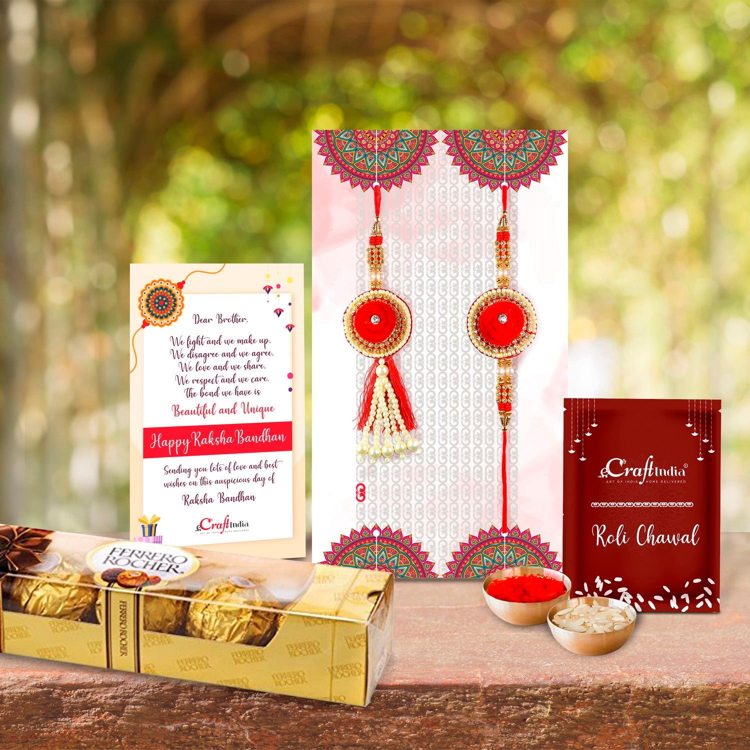 Bhaiya Bhabhi Rakhi Set with Ferrero Rocher (4 pcs) and Roli Chawal Pack, Best Wishes Greeting Card