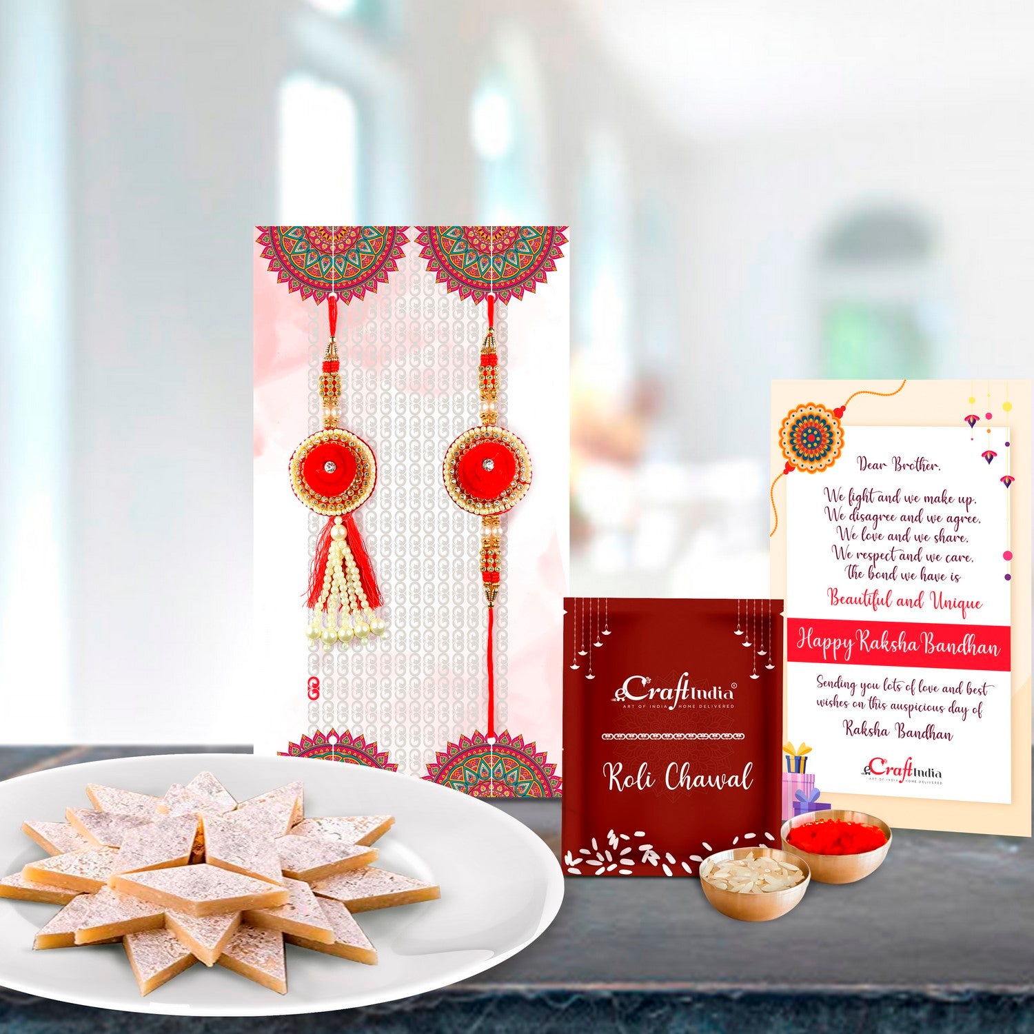 Bhaiya Bhabhi Rakhi Set with Kaju Katli (500 Gm) and Roli Chawal Pack, Best Wishes Greeting Card