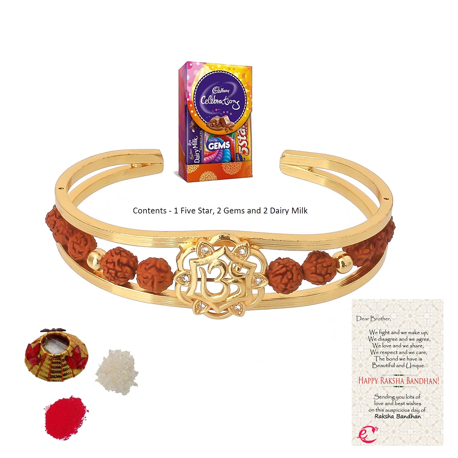 Rudrakash Kada with Cadbury Celebrations Gift Pack of 5 Assorted Chocolates and Roli Tikka Matki, Best Wishes Greeting Card