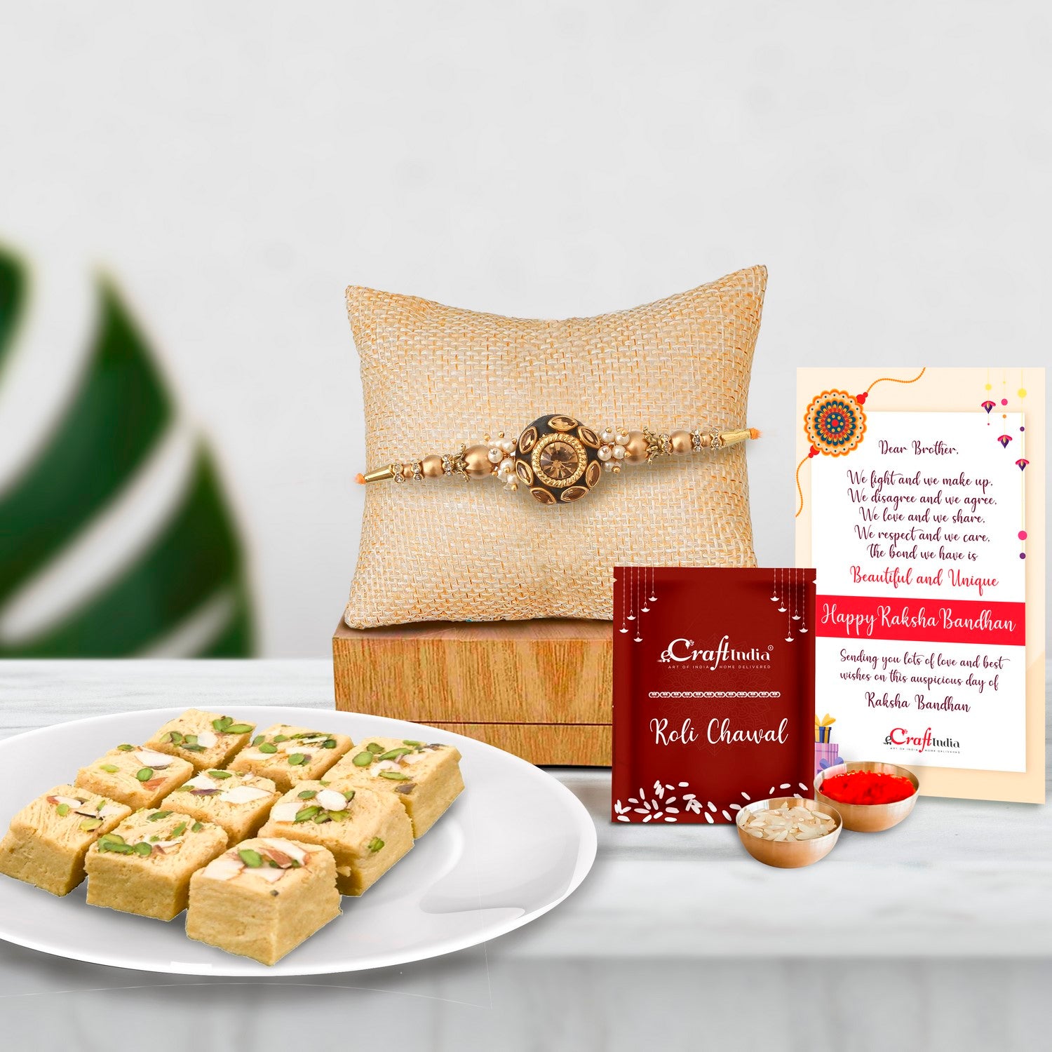 Designer Rakhi with Soan Papdi (500 Gm) and Roli Chawal Pack, Best Wishes Greeting Card