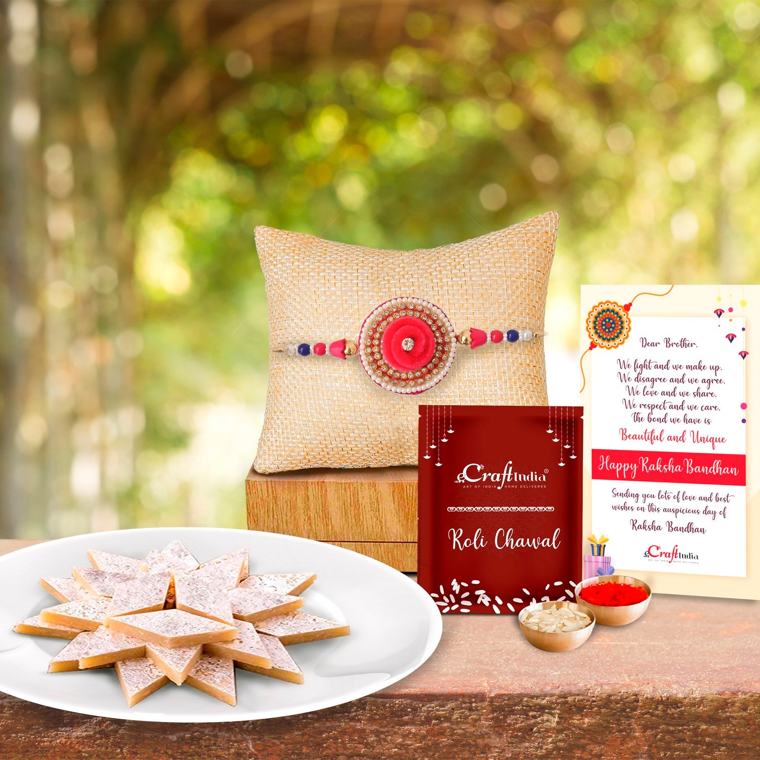 Designer Rakhi with Kaju Katli (500 Gm) and Roli Chawal Pack, Best Wishes Greeting Card