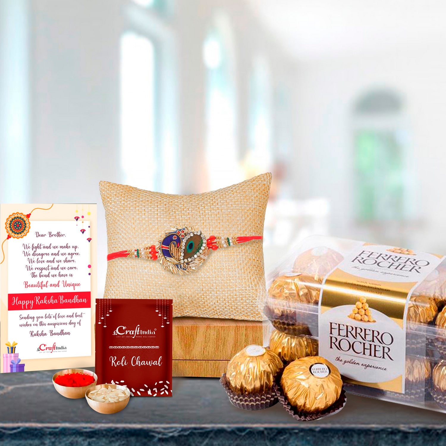 Designer Rakhi with Ferrero Rocher (16 pcs) and Roli Chawal Pack, Best Wishes Greeting Card