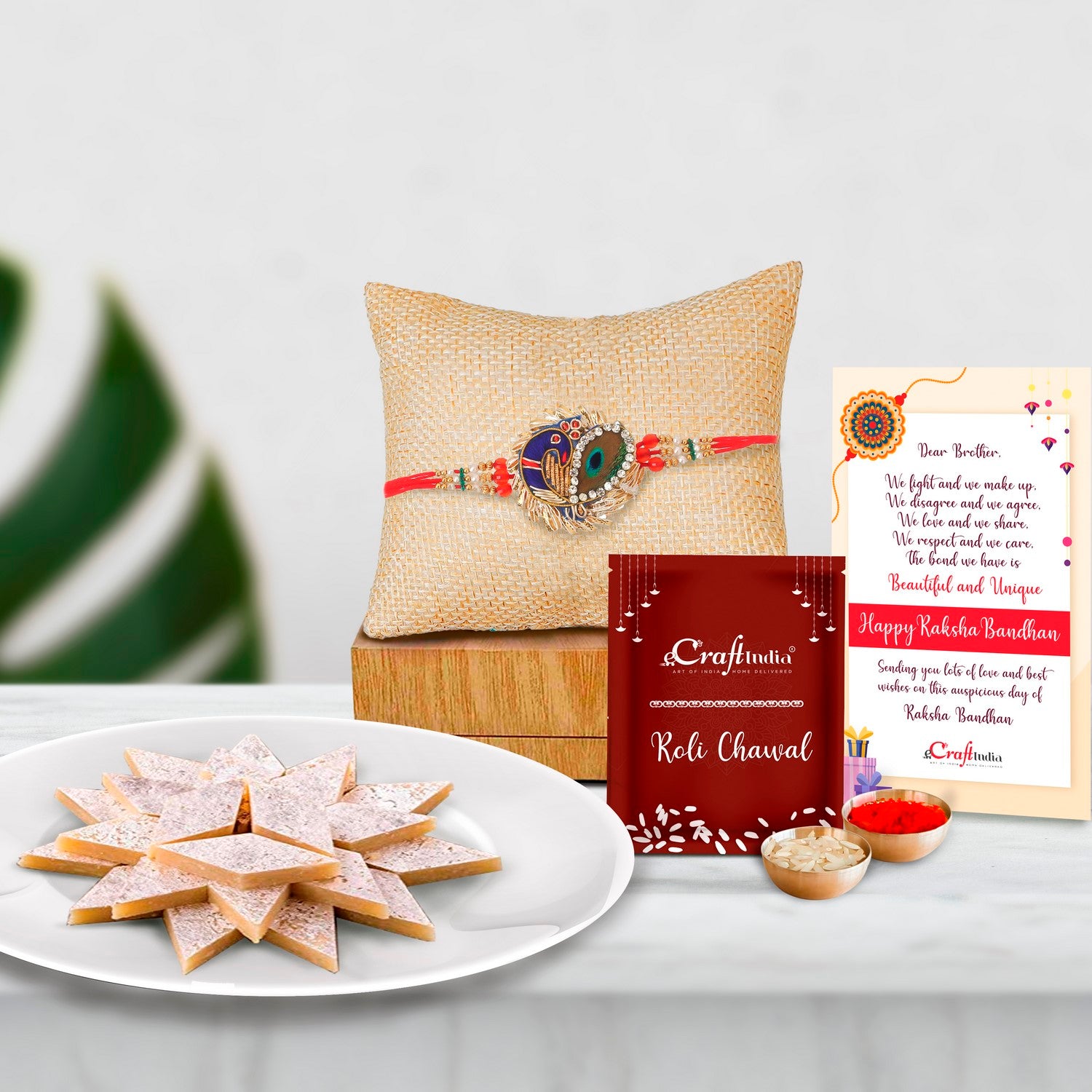 Designer Rakhi with Kaju Katli (500 Gm) and Roli Chawal Pack, Best Wishes Greeting Card