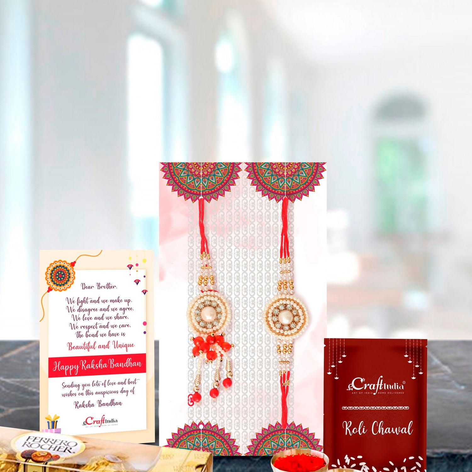 Bhaiya Bhabhi Rakhi Set with Ferrero Rocher (4 pcs) and Roli Chawal Pack, Best Wishes Greeting Card