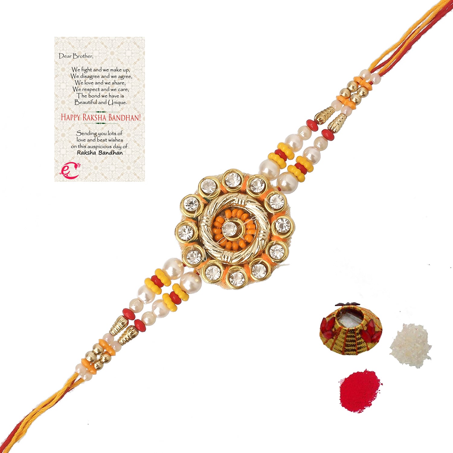 Designer Rakhi for Brother with Roli Chawal Pack and Raksha Bandhan Greeting Card